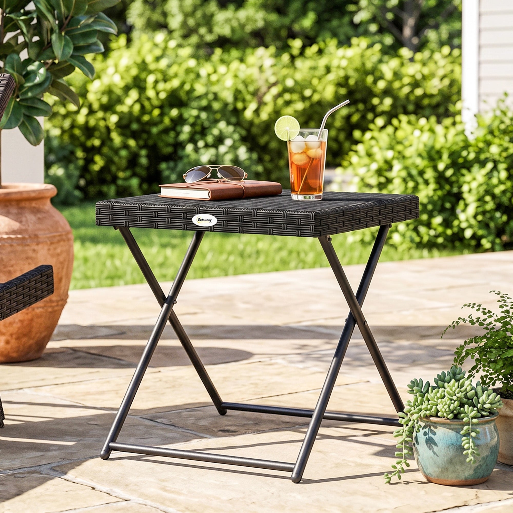 Patio Wicker Coffee Table, Outdoor PE Rattan Garden Folding Side Table, 15.75"x15.75"x15.75", Black