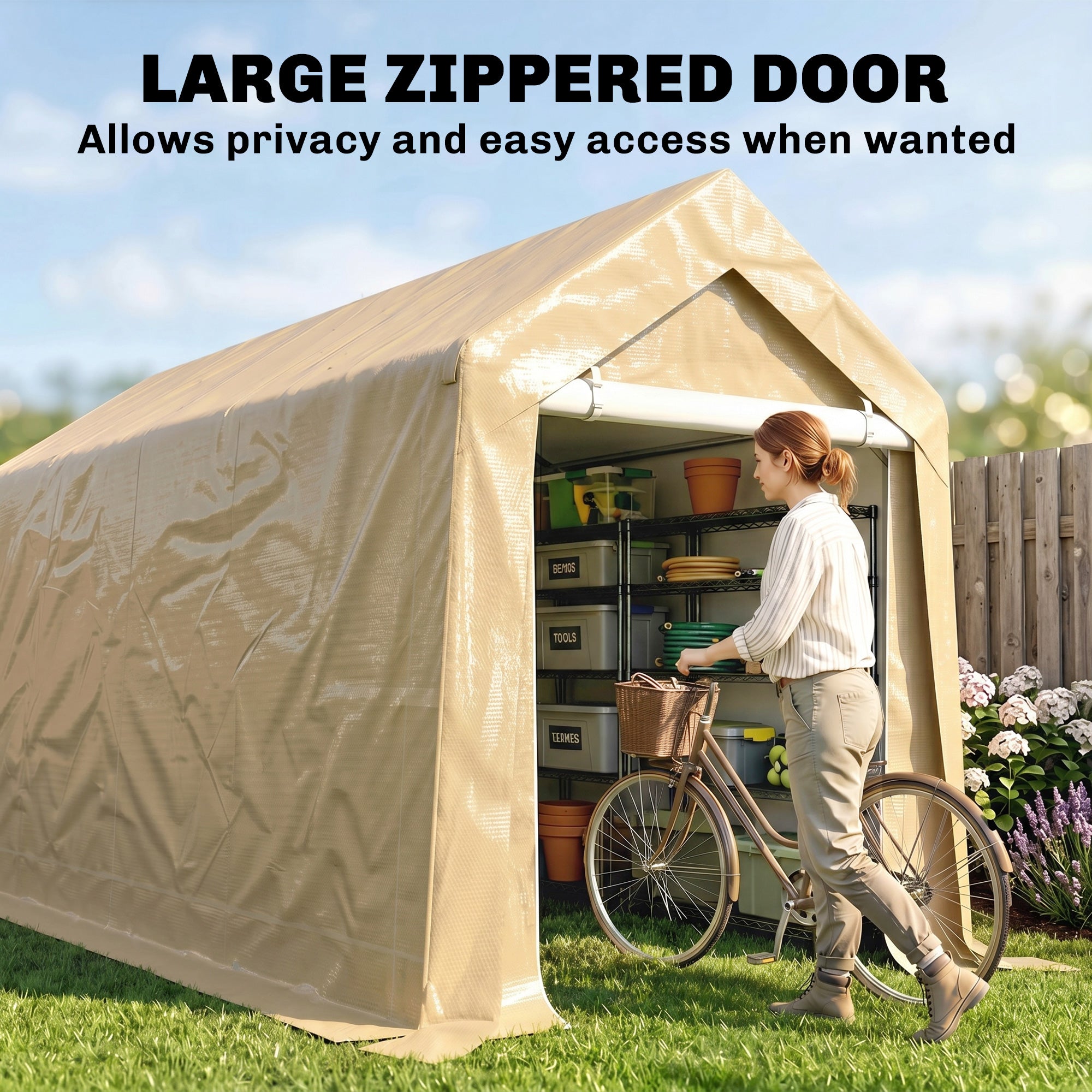 7' x 12' Outdoor Storage Shed Portable Garage with Roll-up Door for Motorcycle, Bike, Garden Tools, Beige