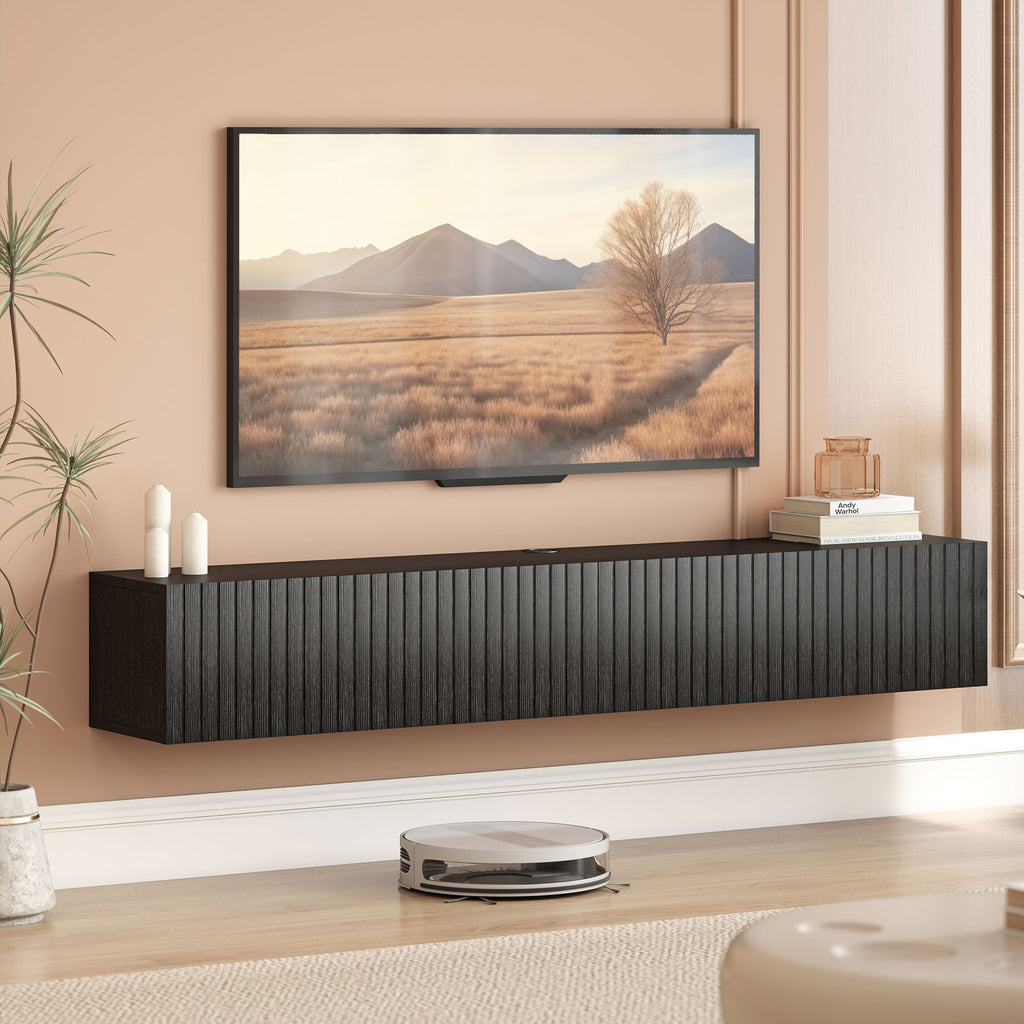 55" Floating TV Stand for TVs up to 72 Inch, Wall Mount Media Console with 2 Fluted Flip-Down Doors, Cable Hole, Black