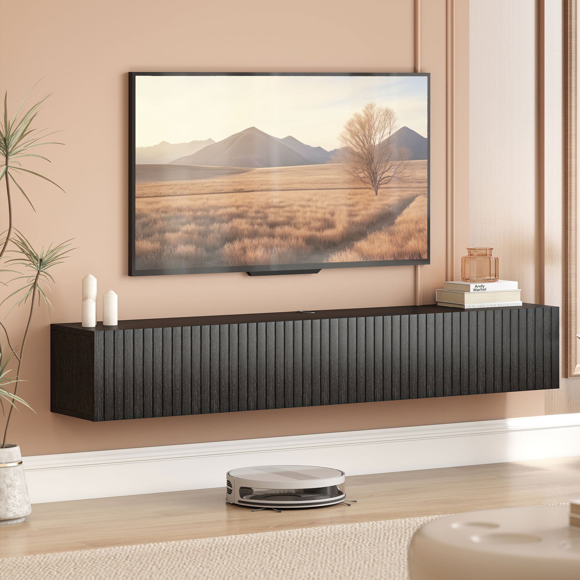 55" Floating TV Stand for TVs up to 72 Inch, Wall Mount Media Console with 2 Fluted Flip-Down Doors, Cable Hole, Black