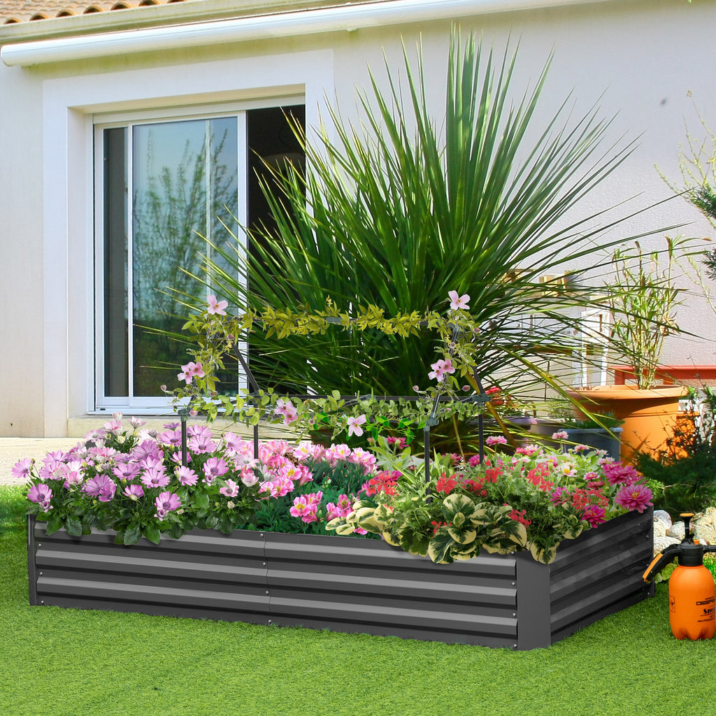 6' x 3' x 1' Raised Garden Bed with 2 Trellis Tomato Cages, Steel Frame Elevated Planter Box, Dark Grey