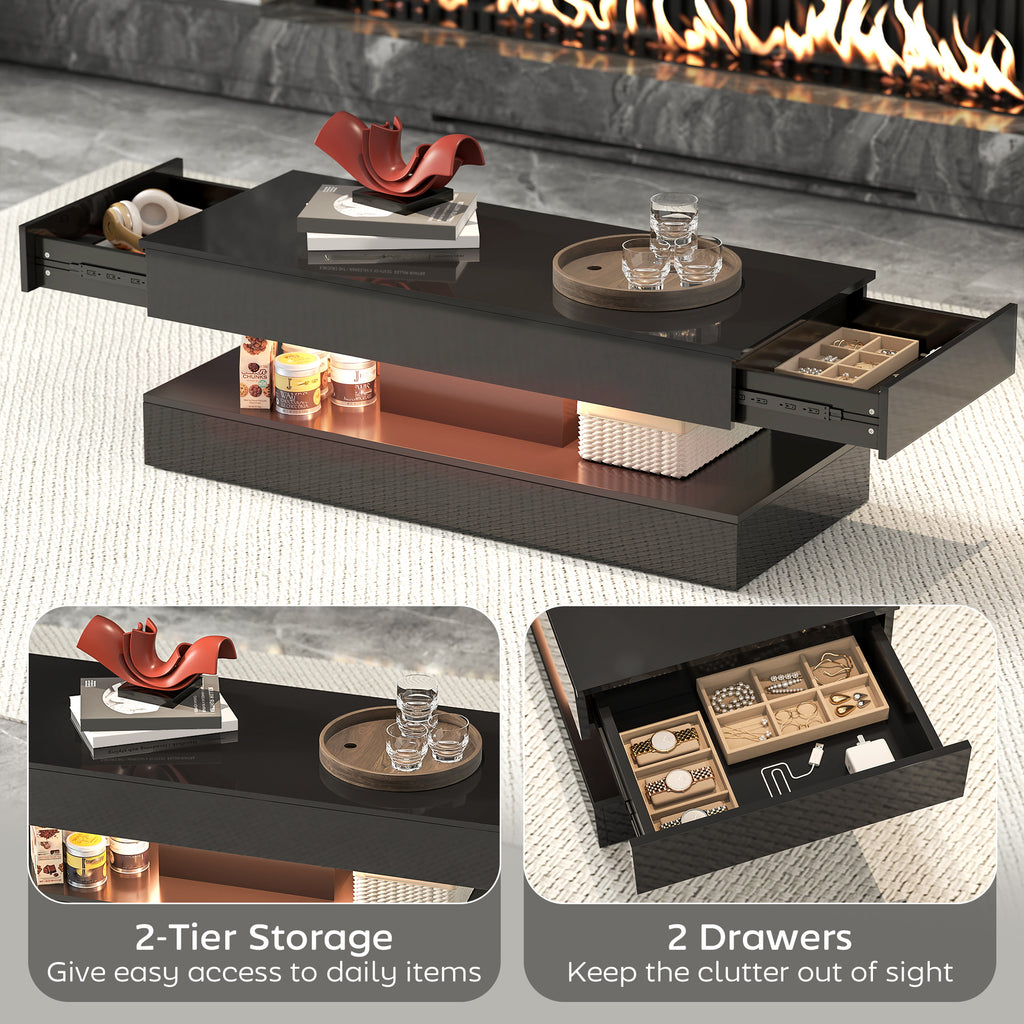 Coffee Table with Adjustable LED Lights, Modern Living Room Table with 2 Drawers, Open Shelf, Remote, High Gloss Black
