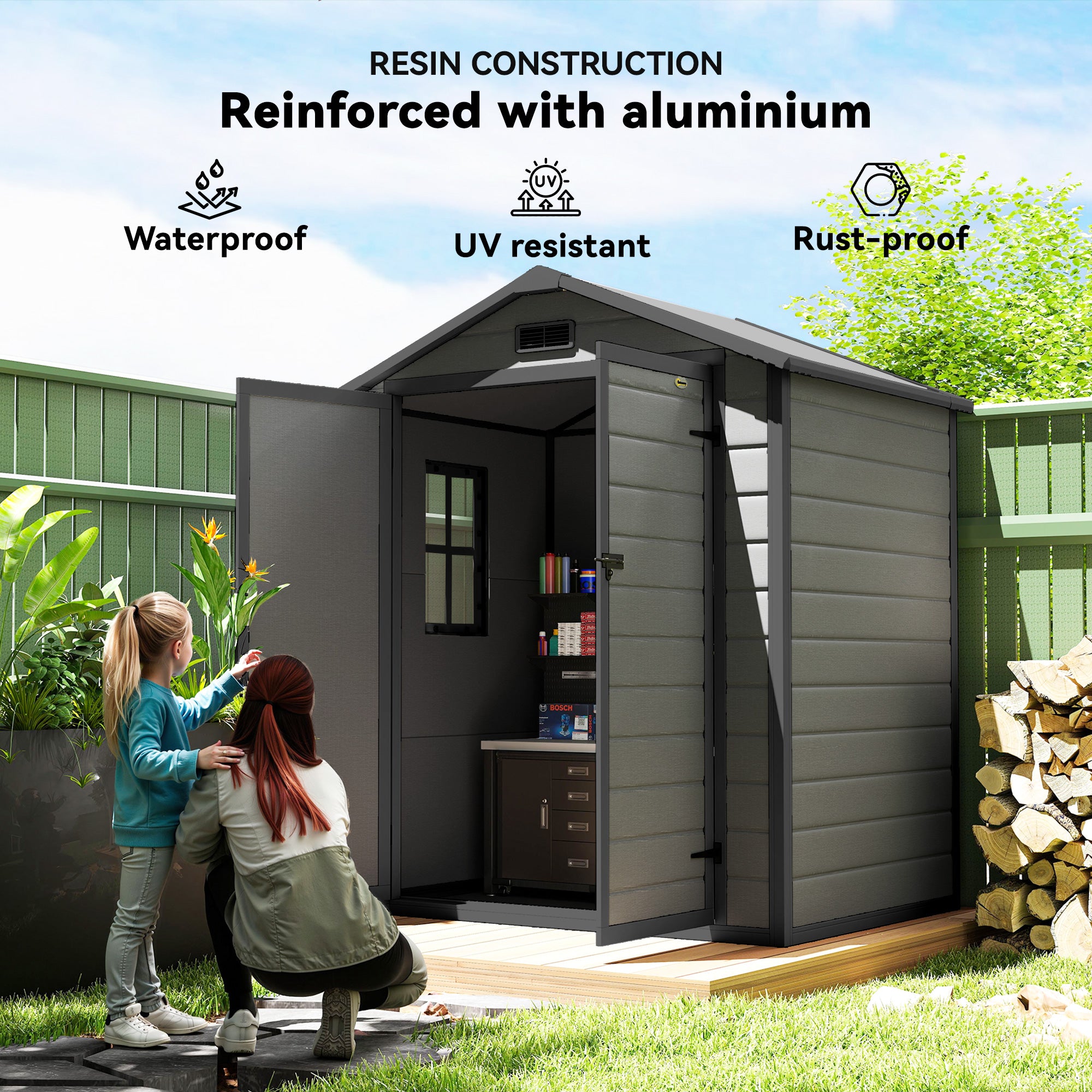 6x4.5FT Plastic Shed, Lockable Garden Tool Storage House with Double Doors and Vent, Grey