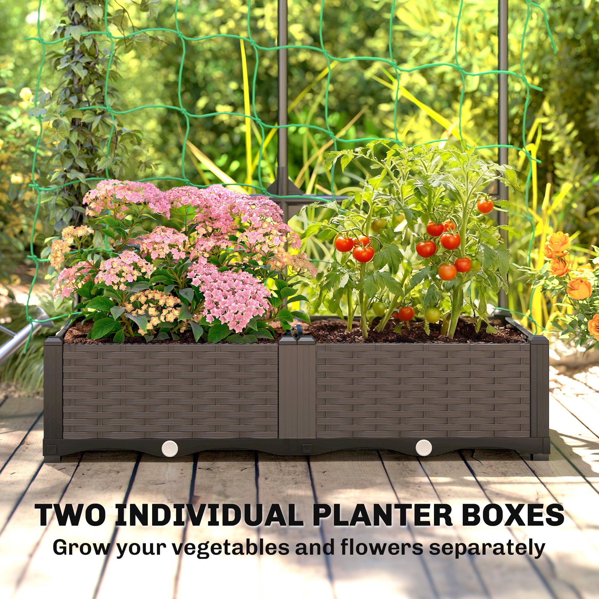 2PCS Plastic Planter Box with Trellis, Self-Watering Raised Garden Bed with Trellis and Netting