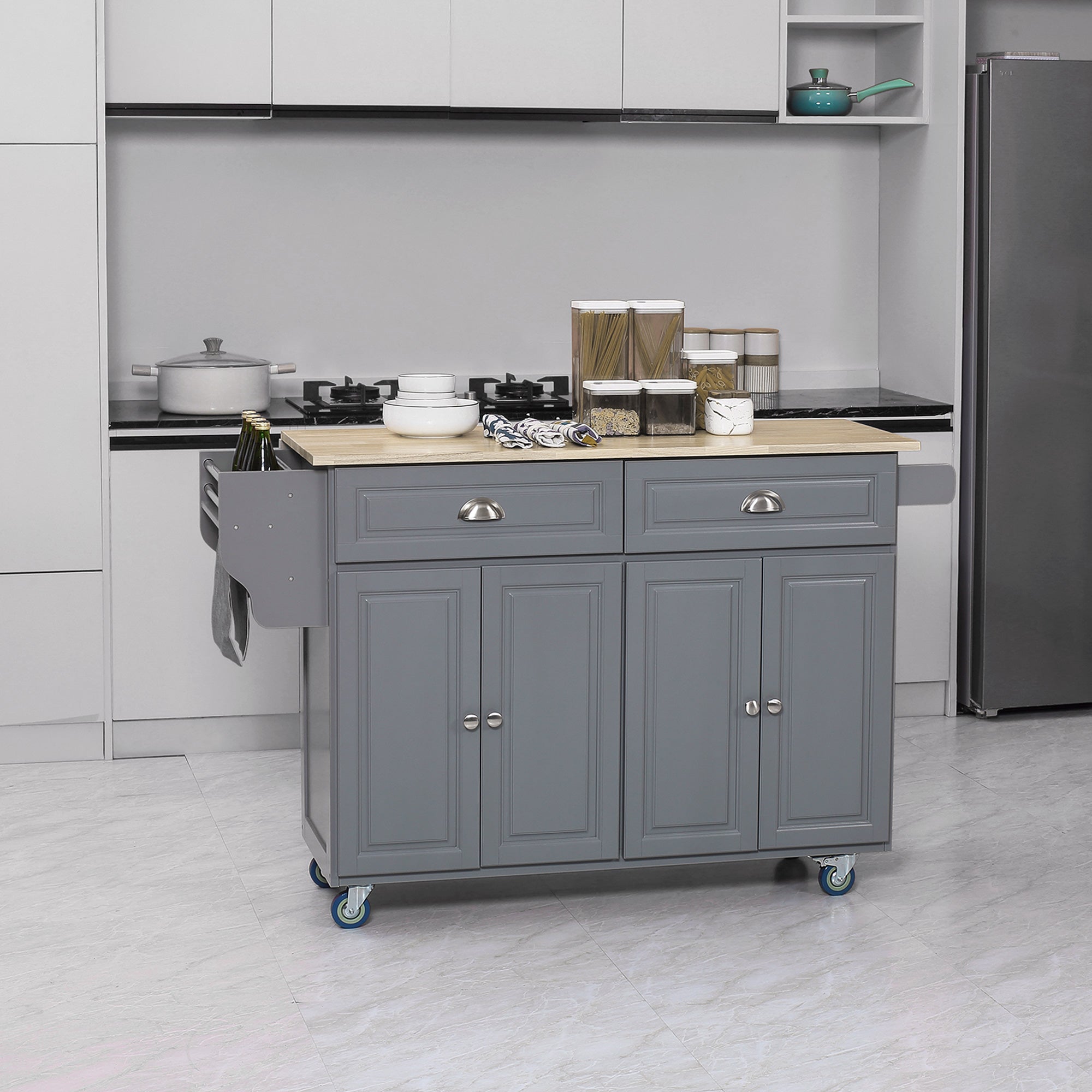 Kitchen Island with Storage, Rolling Kitchen Island with Drop Leaf, Rubber Wood Top and Adjustable Shelves, Grey