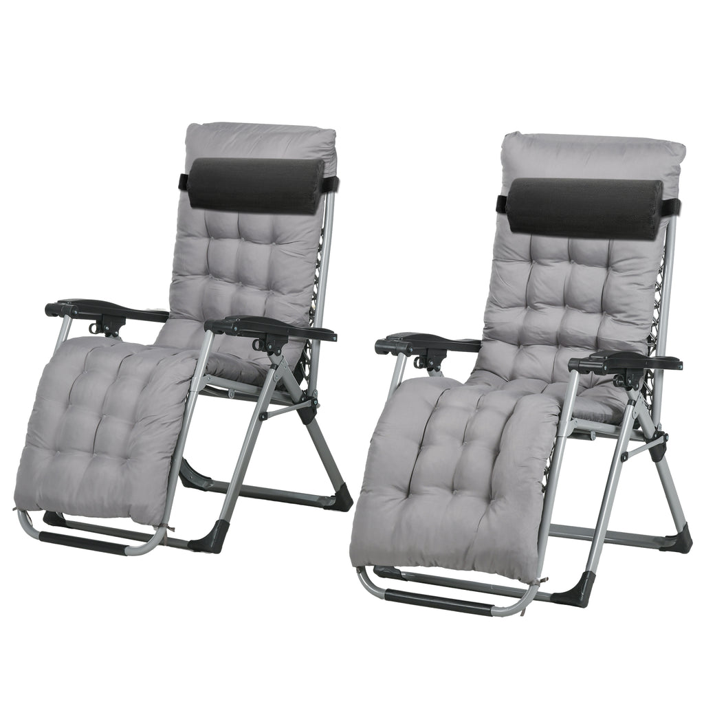 Folding Garden Chairs Set of 2, Reclining Zero Gravity Chair, Sun Lounger with Cushion and Headrest, Dark Grey