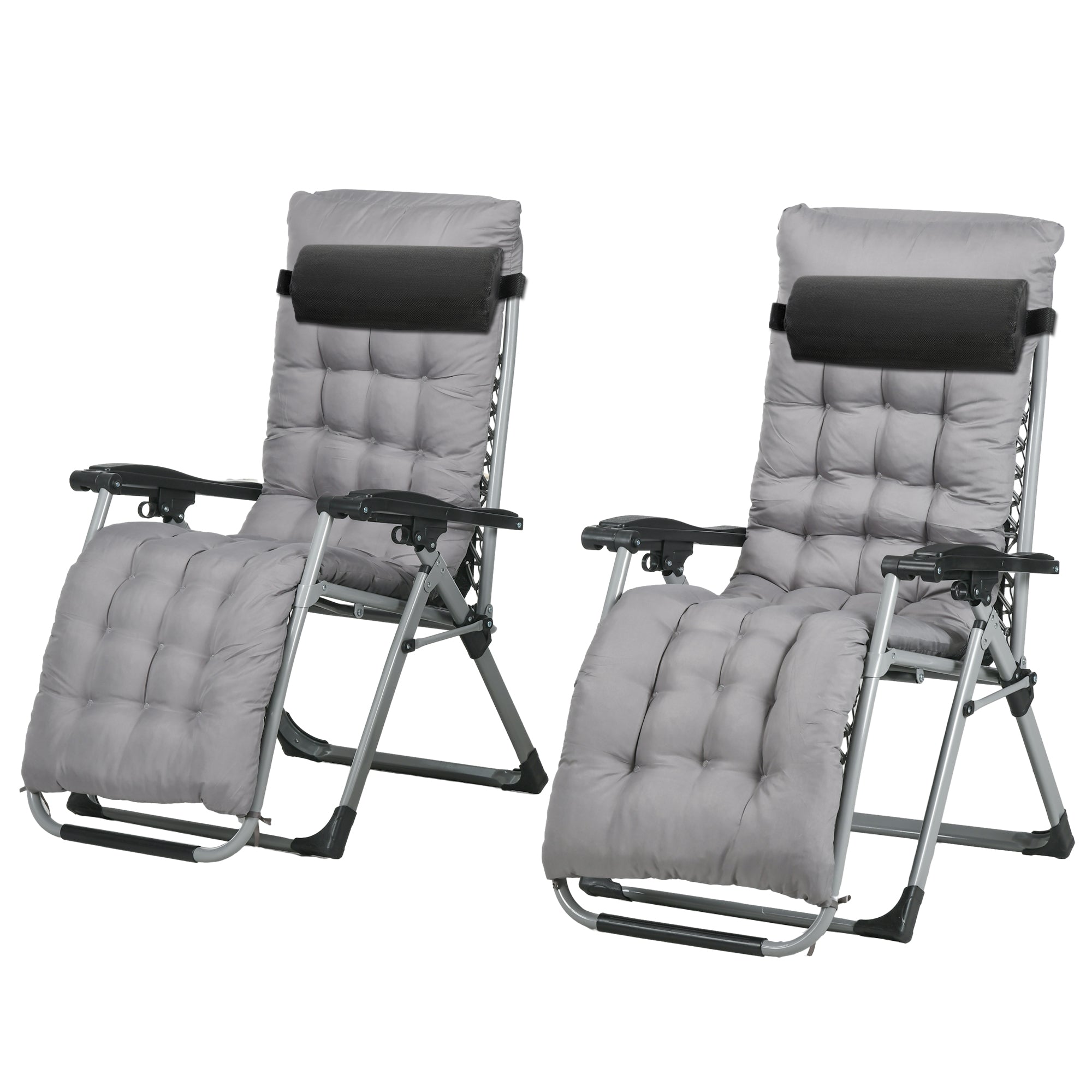 Folding Garden Chairs Set of 2, Reclining Zero Gravity Chair, Sun Lounger with Cushion and Headrest, Dark Grey
