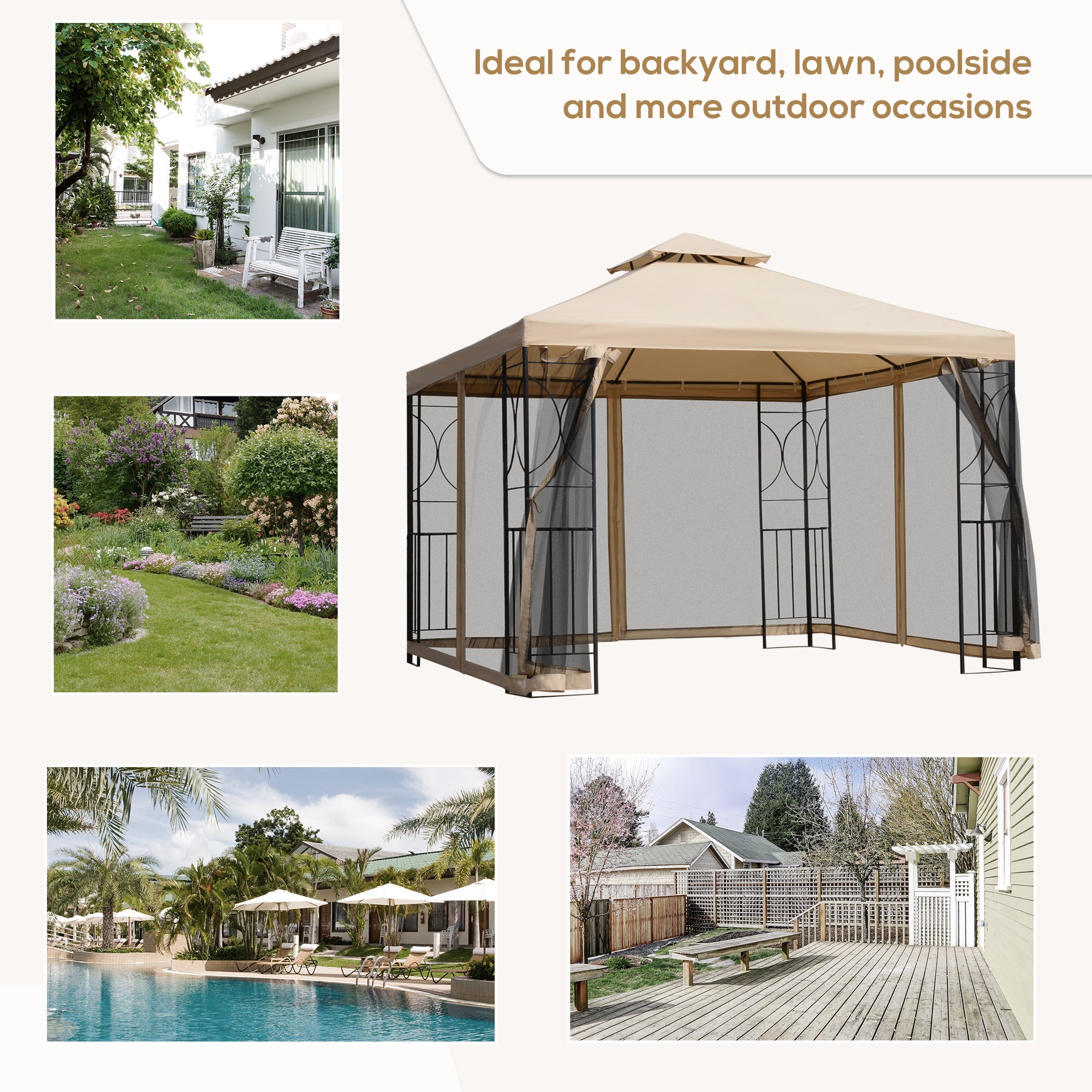 10x10ft Patio Gazebo, Outdoor Double Top Pavilion Canopy, Garden Event Party Tent Shelter, Yard Sun Shade Steel Frame w/ Mosquito Netting and Storage Tray