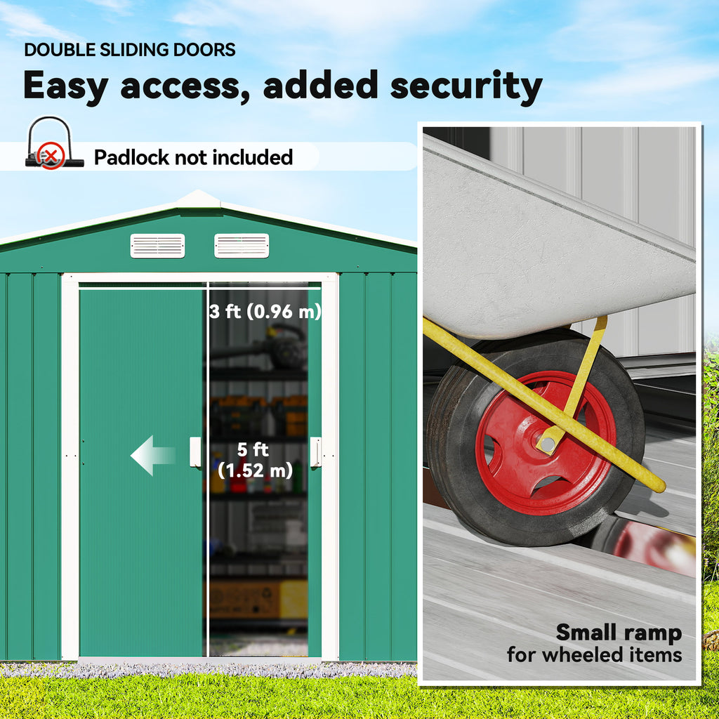 9.1' x 6.4' x 6.3' Garden Storage Shed w/ Foundation Kit Metal Tool Storage House w/ Double Doors Green