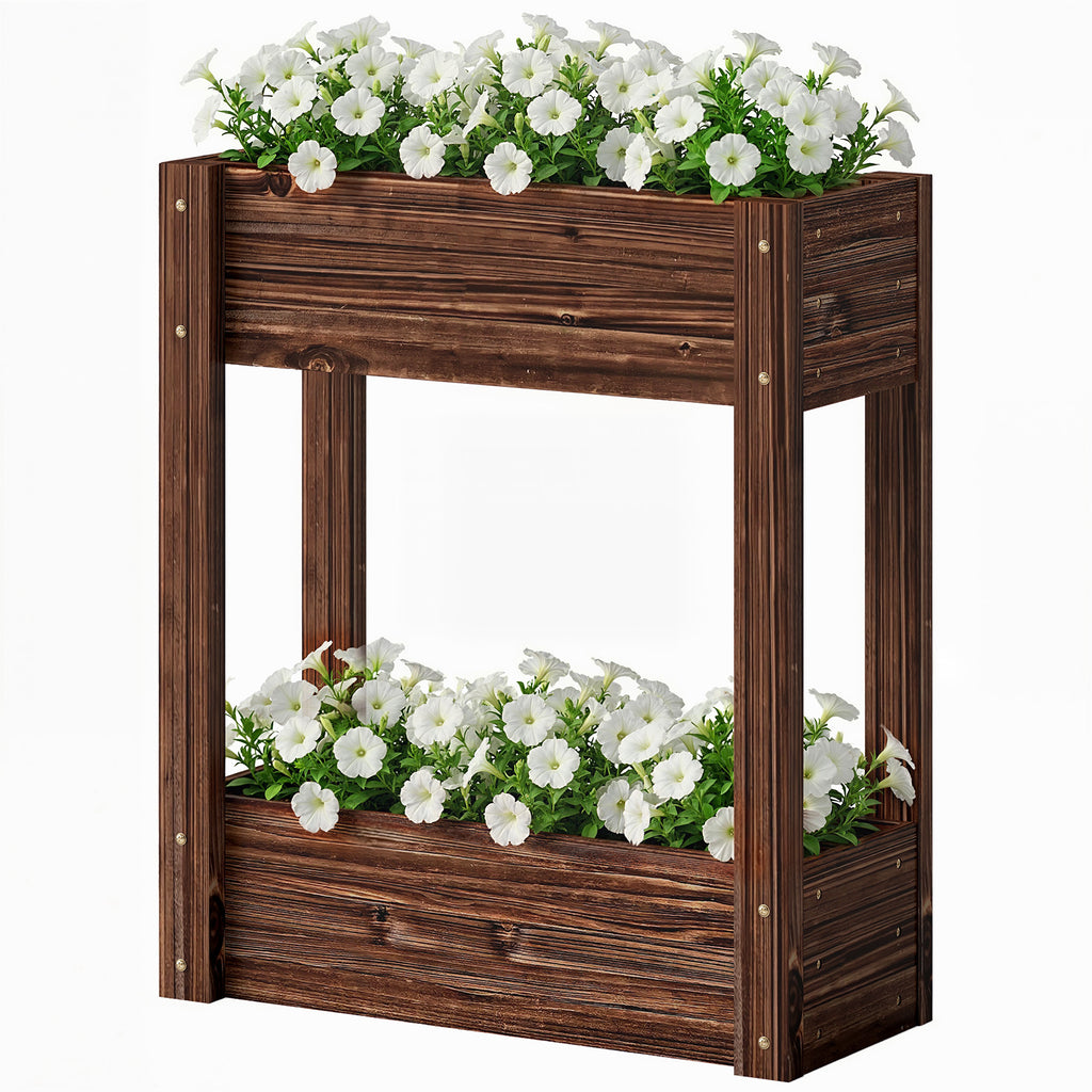 2-Tier Wooden Raised Garden Bed with Legs, 23.6" x 9.8" x 27.6" Elevated Planter Box with Drainage Holes and Bed Liner