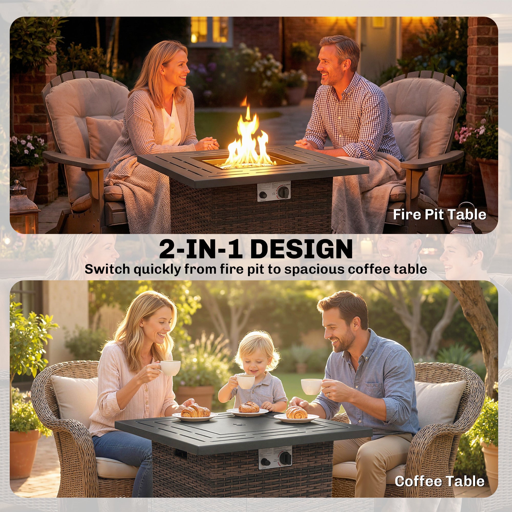 Propane Fire Pit Table, 28 Inch 40,000 BTU Square Rattan Fire Table with Lava Rock, Pulse-Ignition Wicker Gas Fire Pit