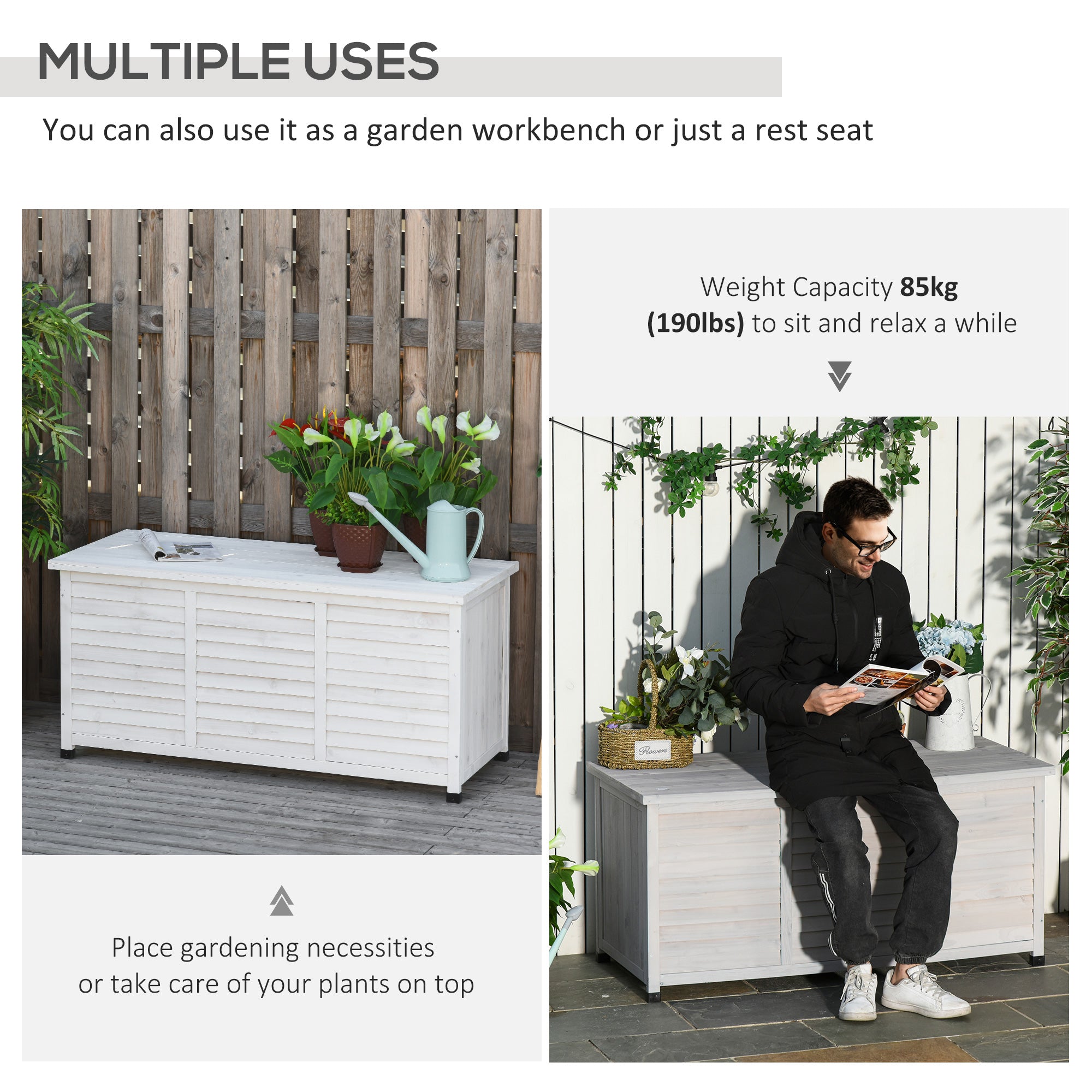 75 Gallon Wooden Storage Box patio Deck Box Bench, Garden Backyard Outdoor Storage Container with Aerating Gap & Weather-Fighting Finish, White