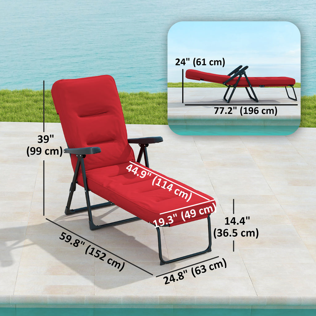 Folding Outdoor Lounge Chair with Cushion, Adjustable Backrest, Reclining Patio Garden Chair with Footrest, Wine Red