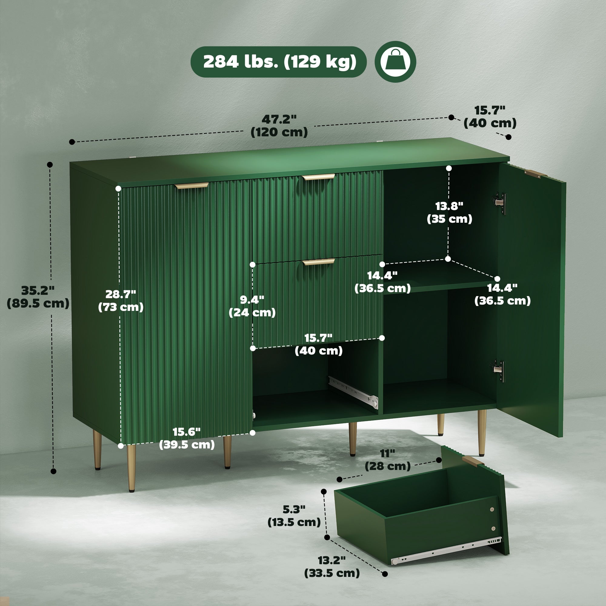 Modern Kitchen Storage Cabinet, Sideboard Buffet Cabinet w/ 3 Drawers and Adjustable Shelves for Kitchen Hallway, Green