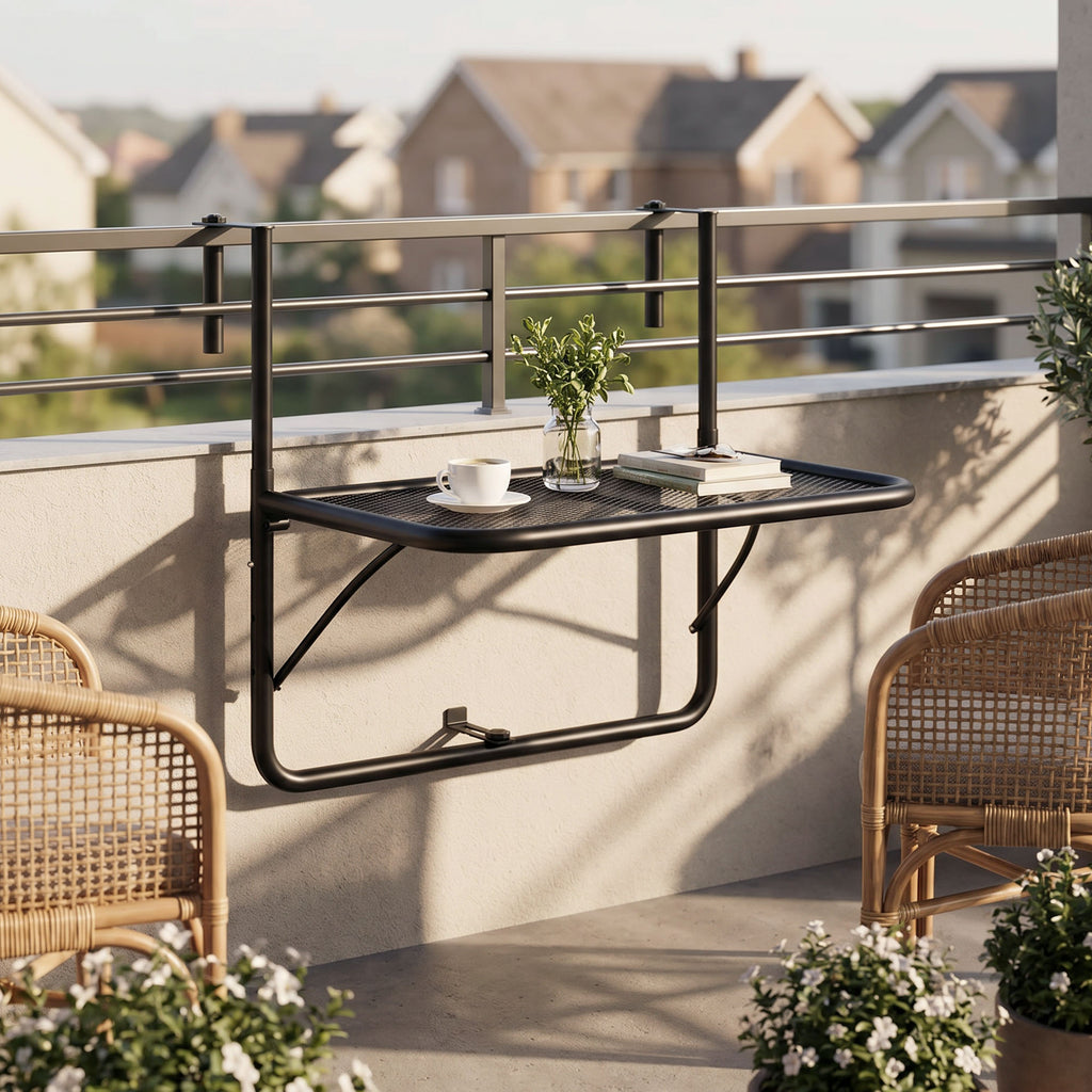 Adjustable Balcony Hanging Railing Table, Metal Mounting Mini Wall Desk Storage Rack, Outdoor Flower Stand Serving Table Rectangle, Black