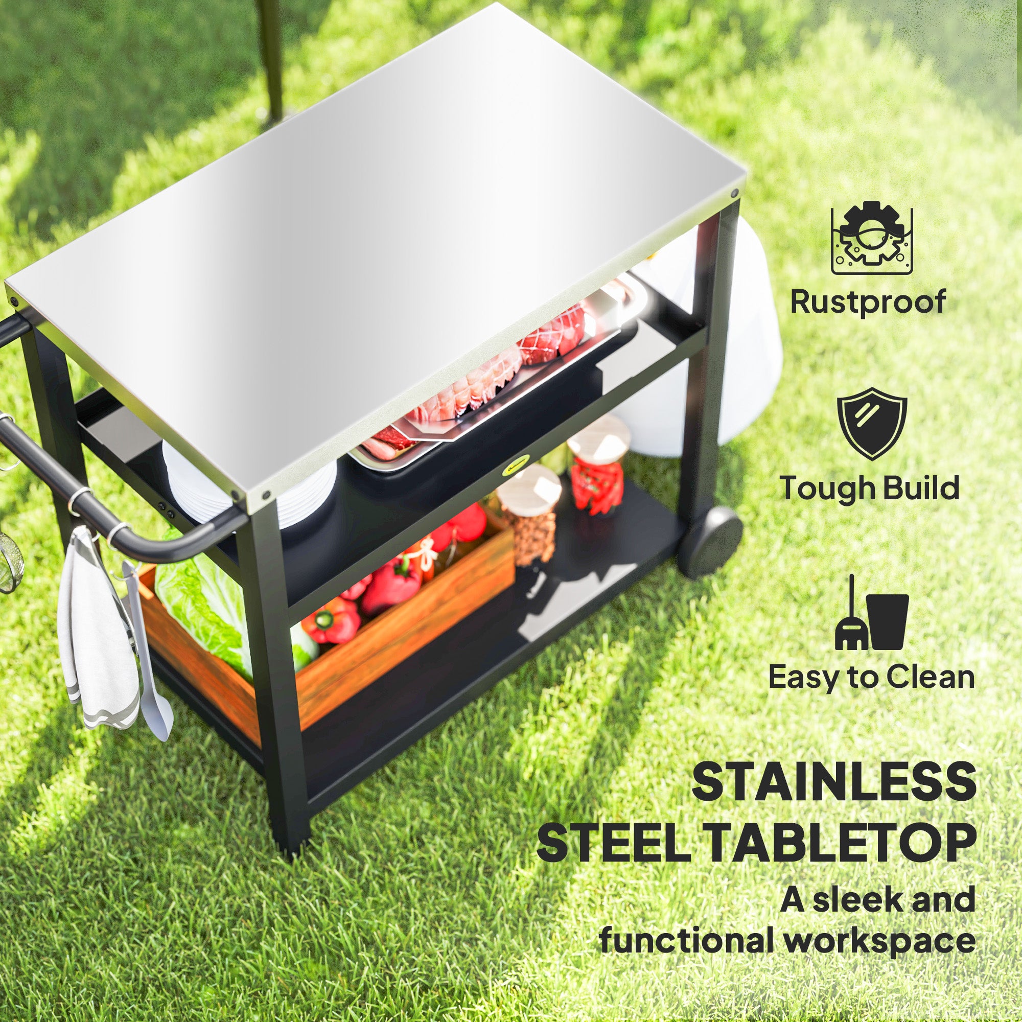 3-Shelf Outdoor Grill Dining Cart Pizza Oven Stand with Stainless Steel Top, Movable BBQ Food Prep Table Outdoor Kitchen Island with Hooks Wheels Handle, Charcoal Grey