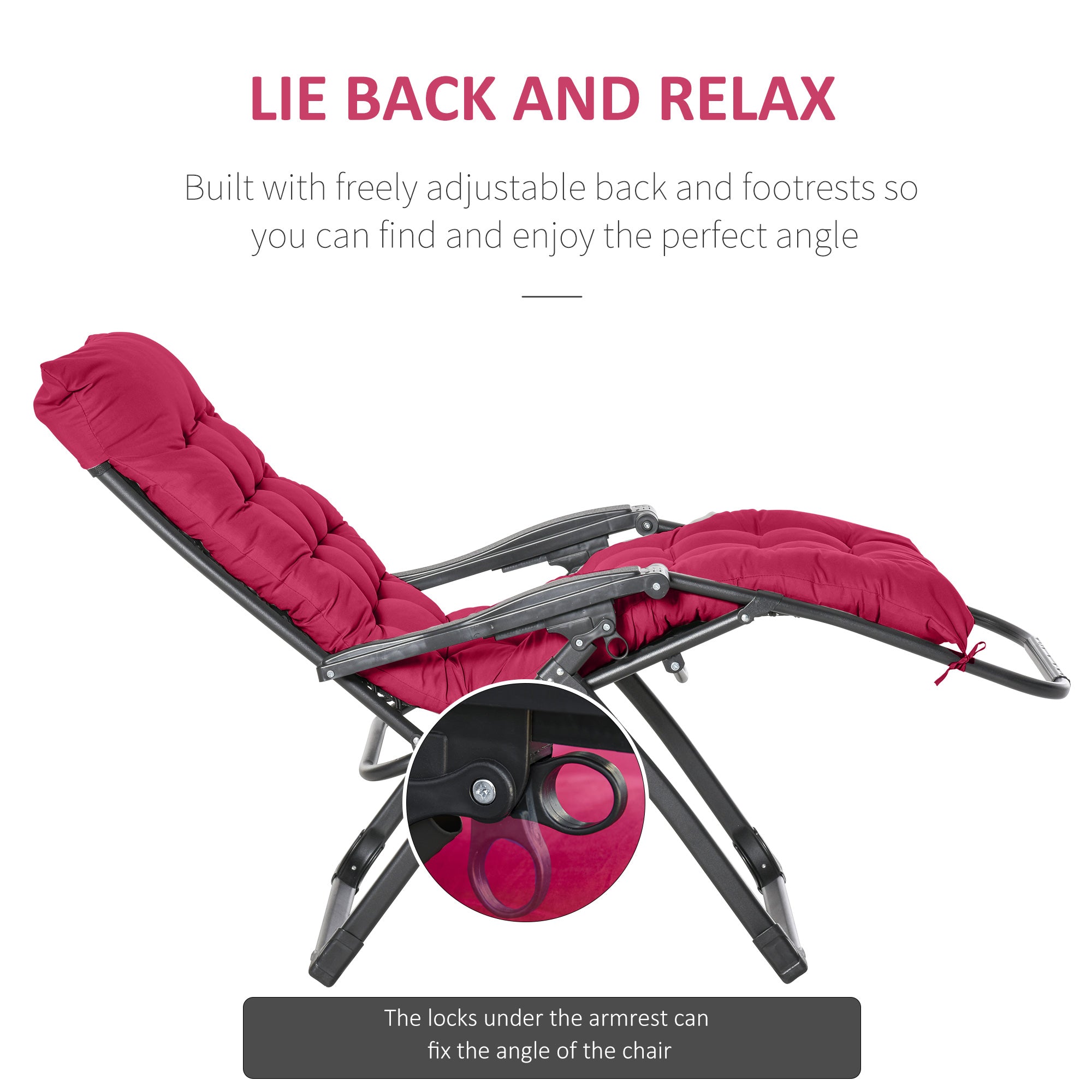 Reclining Zero Gravity Chair with Adjustable Backrest, Folding Garden Sun Lounger, Outdoor Recliner with Removable Cushion and Headrest, Wine Red