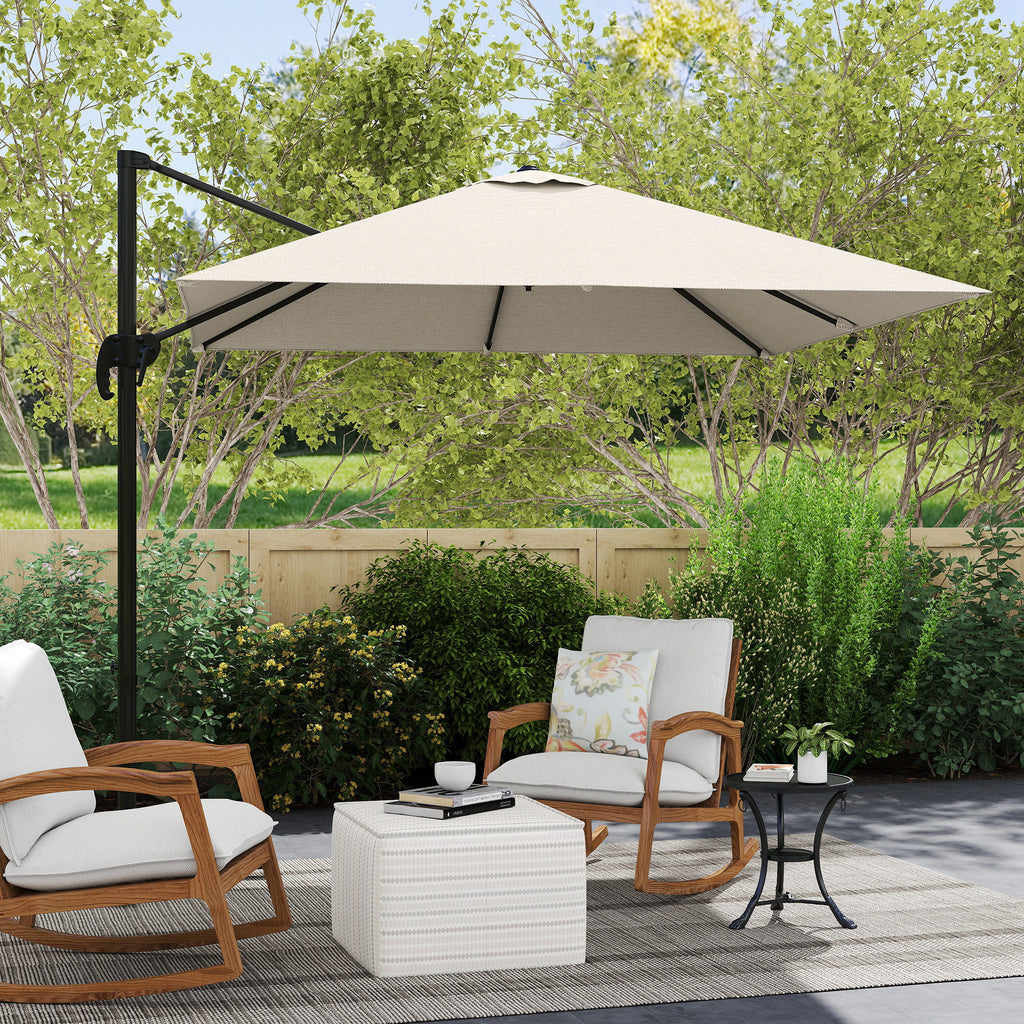 8' x 8' Square Patio Hanging Offset Umbrella with 360Â° Rotation, Aluminum Outdoor Cantilever Parasol with Crank & Tilt, Sun Canopy Shelter with Cross Base, White