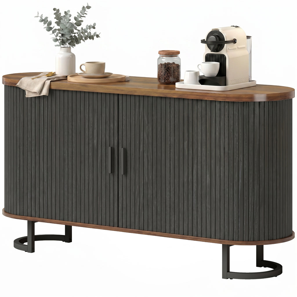 Fluted Sideboard Buffet Cabinet, 55" Modern Coffee Bar Cabinet with Sliding Doors and Adjustable Shelves, Black