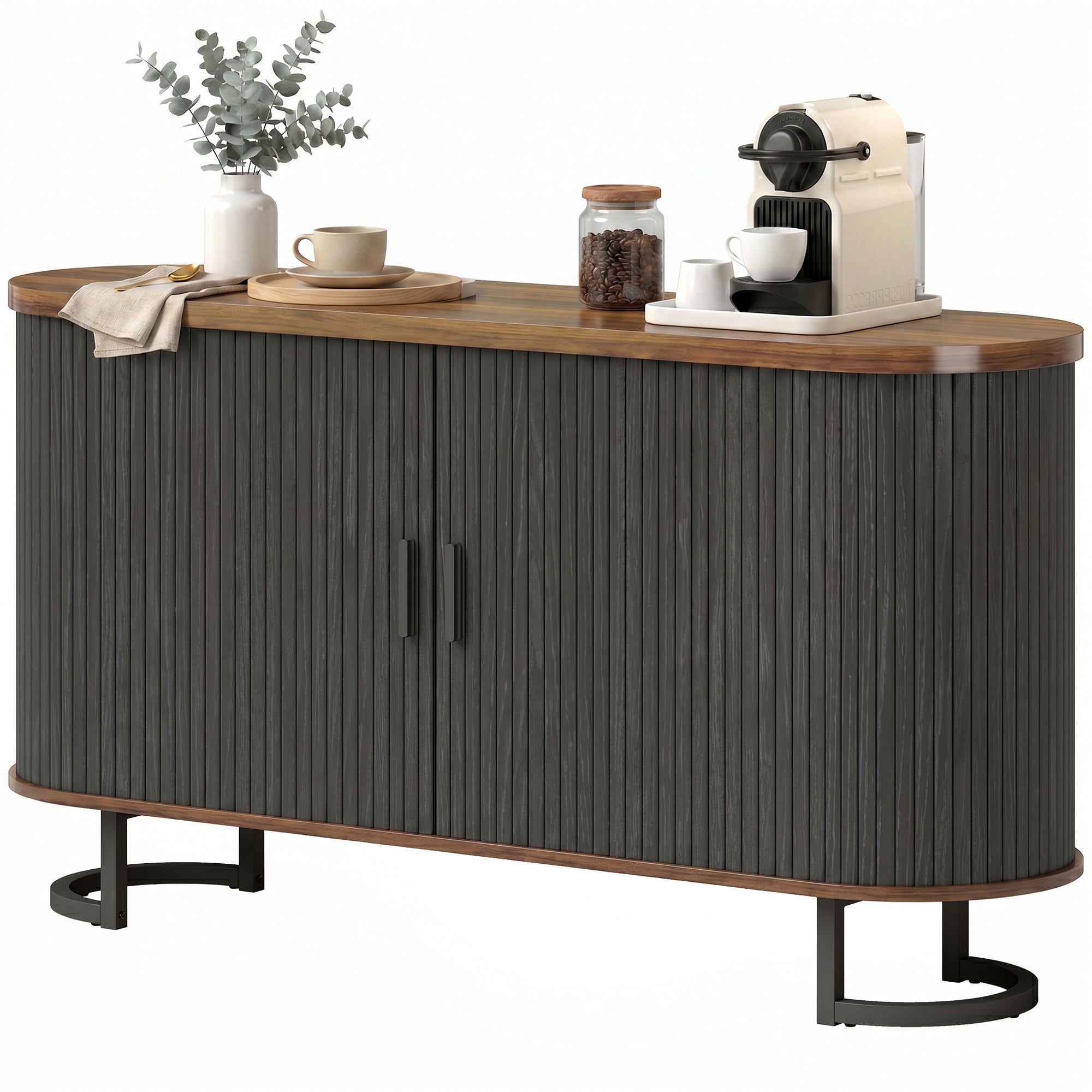 Fluted Sideboard Buffet Cabinet, 55" Modern Coffee Bar Cabinet with Sliding Doors and Adjustable Shelves, Black