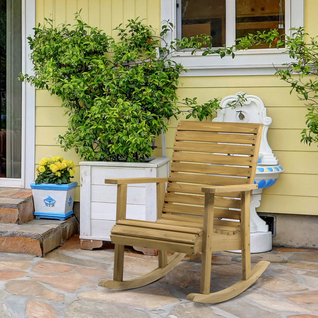 Wooden Outdoor Rocking Chair, Patio Traditional Rocking Chair, Slatted Structure Porch Rocker w/ Armrest for Both Outdoor and Indoor, Light Brown