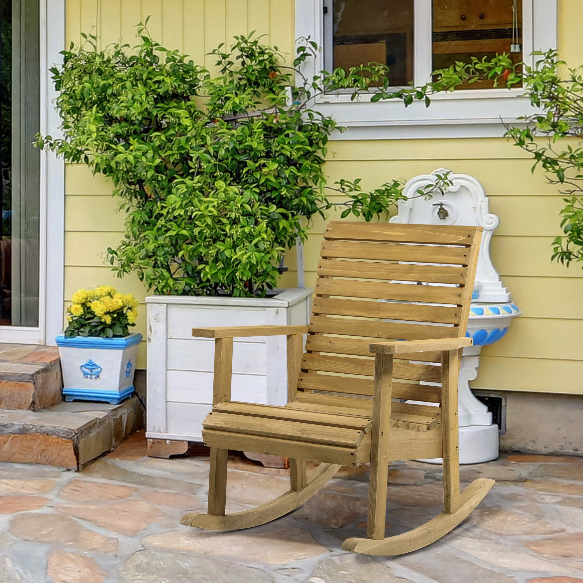 Wooden Outdoor Rocking Chair, Patio Traditional Rocking Chair, Slatted Structure Porch Rocker w/ Armrest for Both Outdoor and Indoor, Light Brown