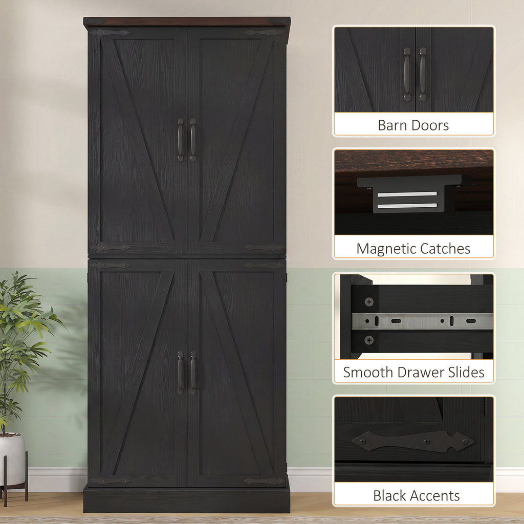 72" Tall Kitchen Pantry Cabinet, Farmhouse Storage Cabinet with 8 Door Racks and Adjustable Shelves, Black