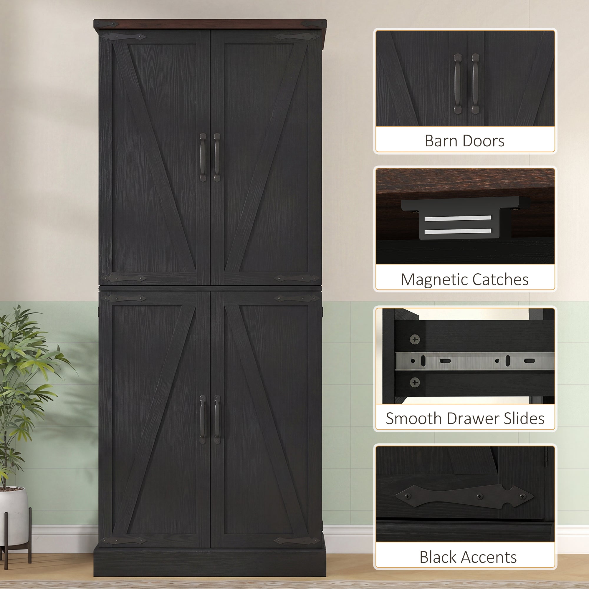 72" Tall Kitchen Pantry Cabinet, Farmhouse Storage Cabinet with 8 Door Racks and Adjustable Shelves, Black