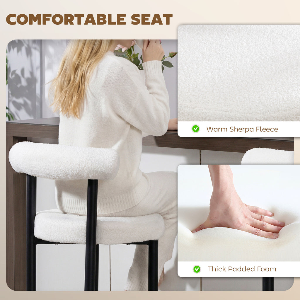 Bar Stools Set of 2, Sherpa Upholstered Barstools with Backrest, Bar Height Stools with Footrest for Kitchen Island