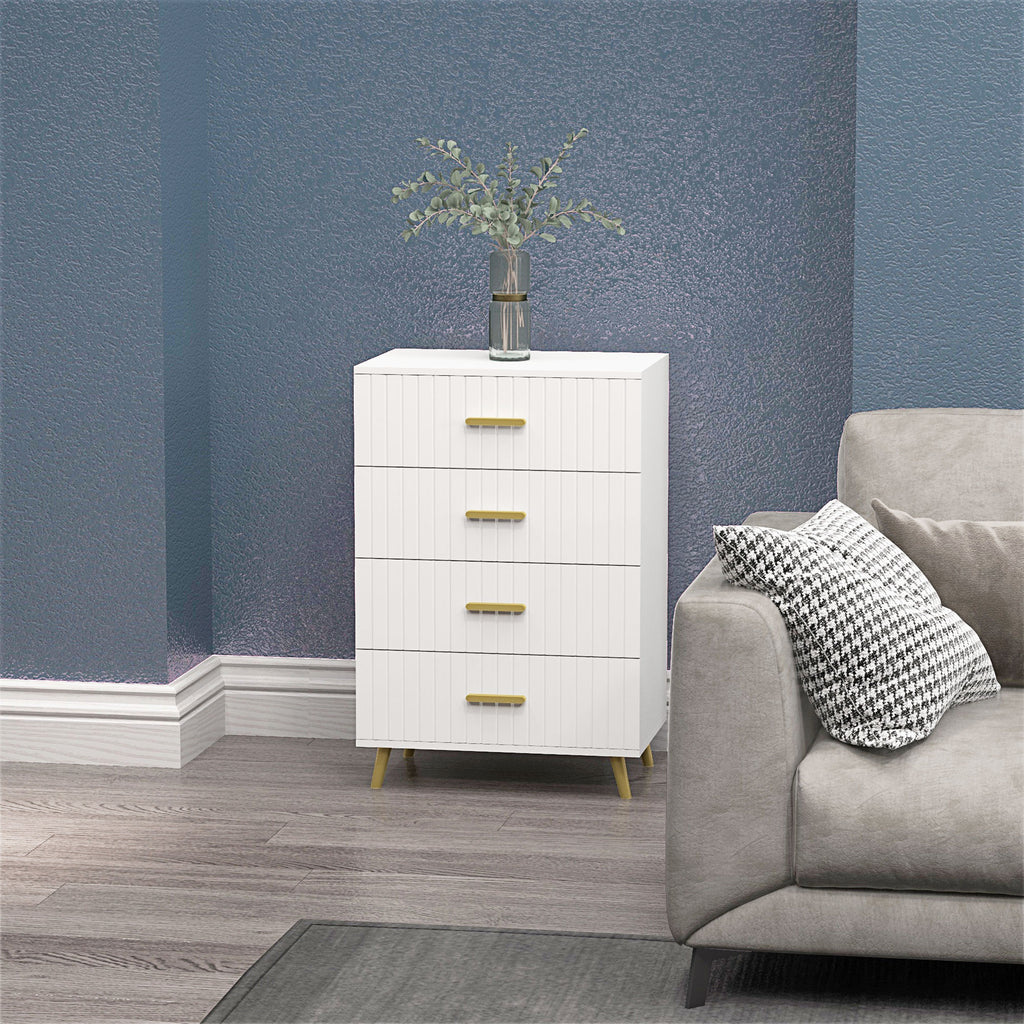 4 Drawer Cabinet, Drawer Chest for Bedroom, Chest of Drawers with Aluminium Legs and Gold Handles, White
