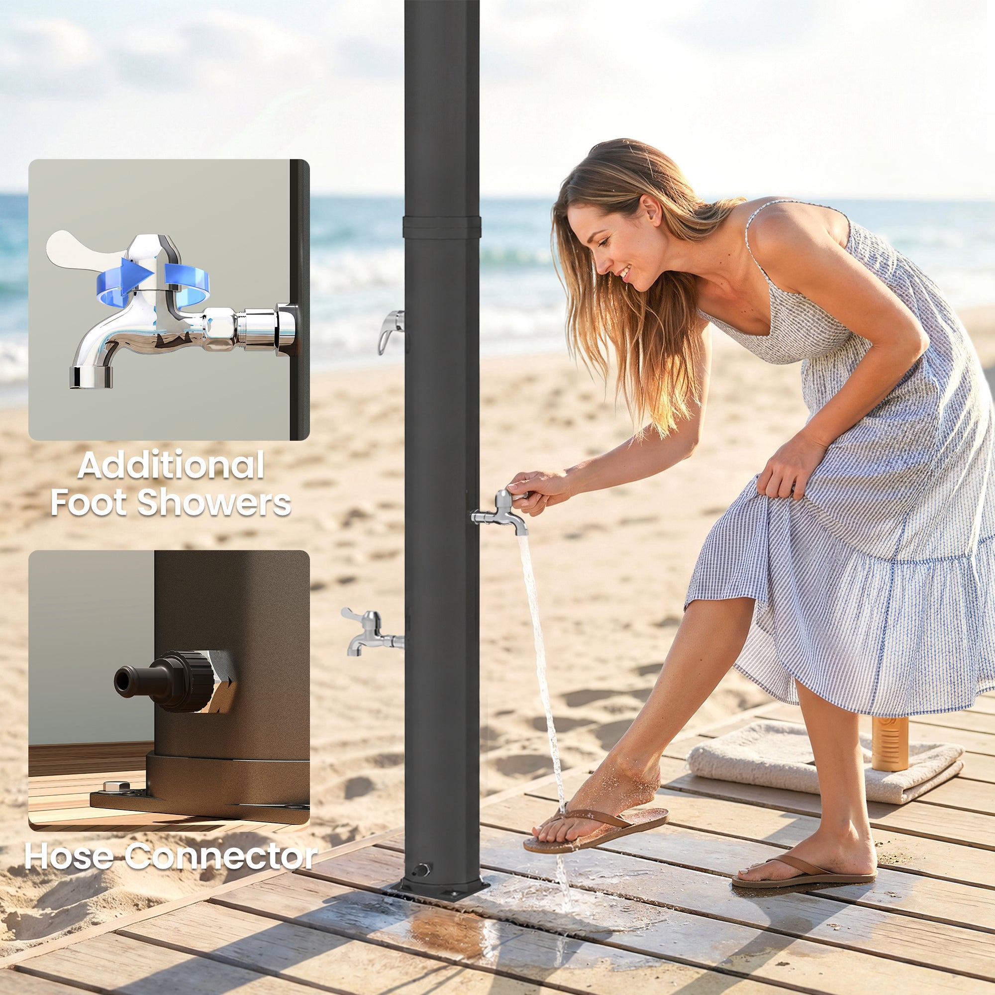 9.2 Gallon Solar Heated Outdoor Shower, 7.1ft with 2 Free-Rotating Shower Heads & Foot Showers for Poolside Beach Spa