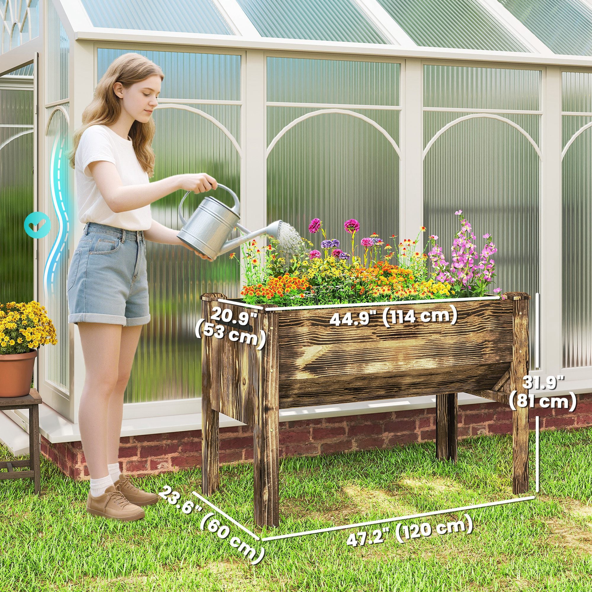 Wooden Raised Garden Plant Stand Outdoor Tall Flower Bed Box with Hooks, 48" x 24" x 32", Carbonized