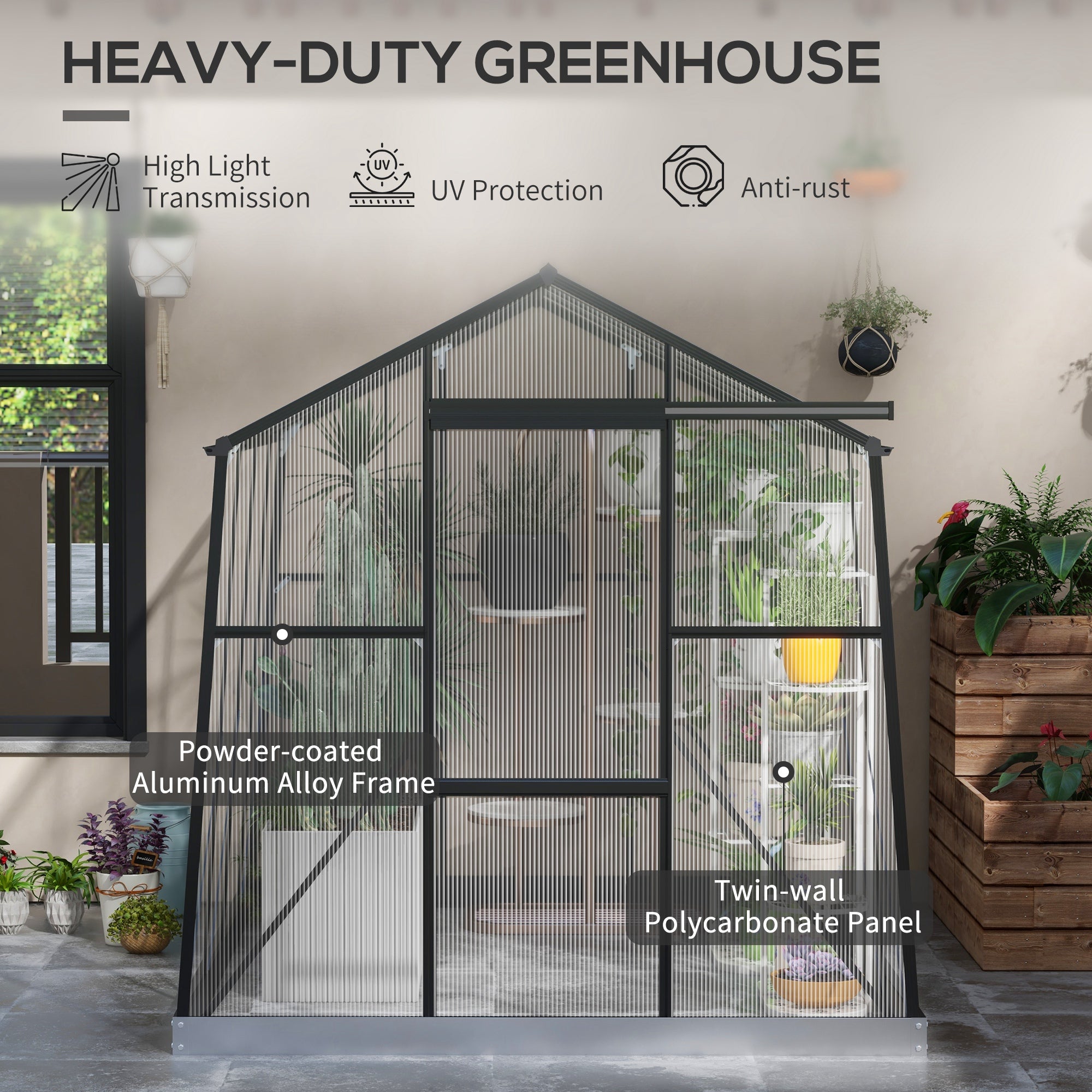6' x 8' Walk-in Polycarbonate Greenhouse Aluminium Green House with Sliding Door, 5-Level Roof Vent, Rain Gutter