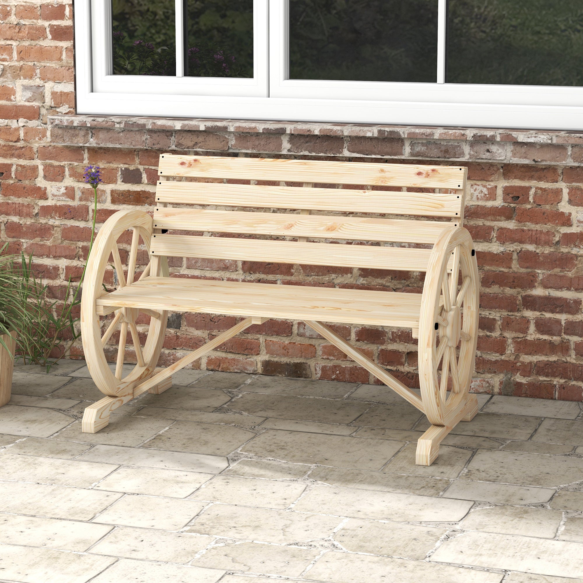 42" Wood Wagon Wheel Bench Garden Loveseat Rustic Seat, Natural Wood