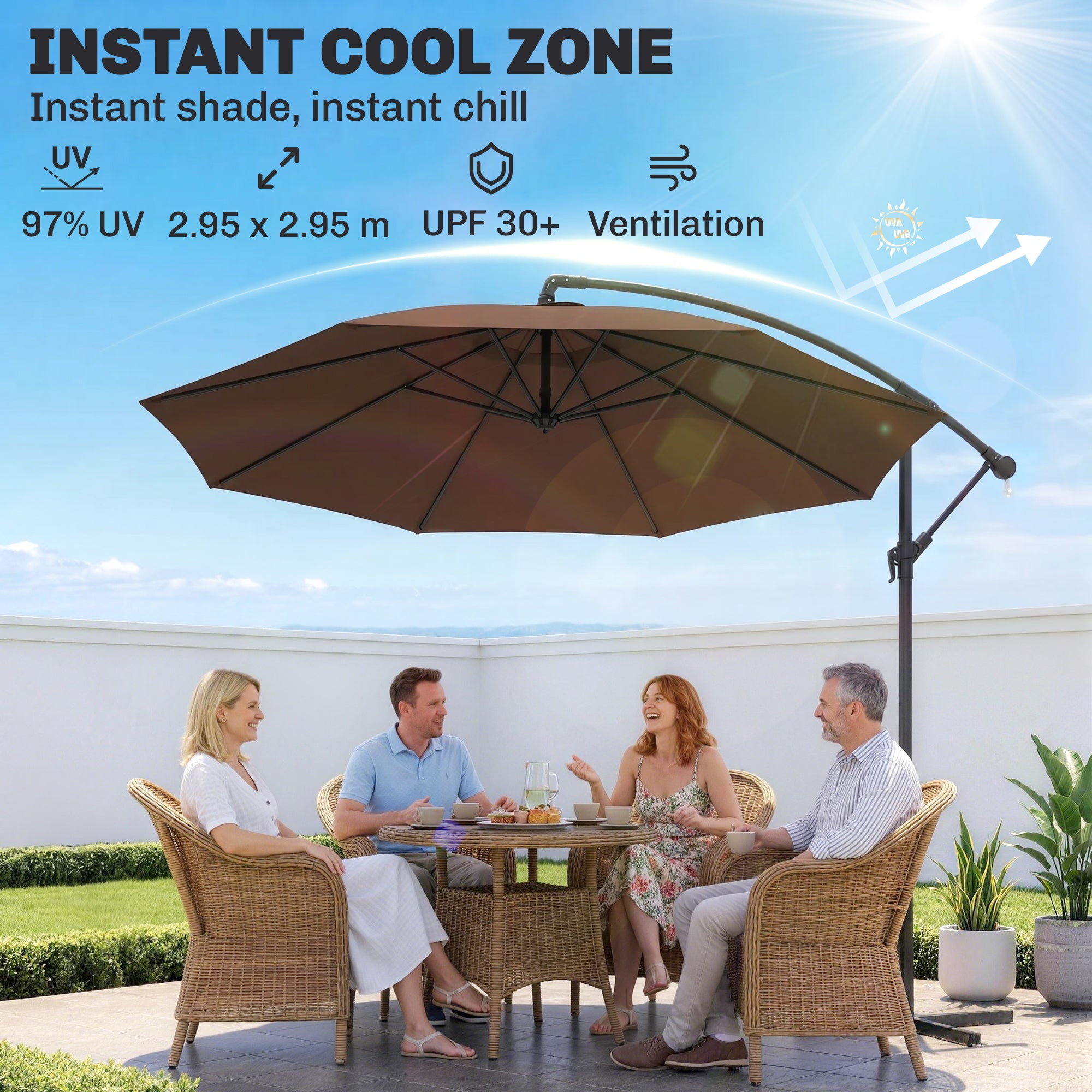 10' Deluxe Patio Umbrella, Outdoor Market Parasol, Banana Hanging Offset Sunshade with Crank, Cross Base, Coffee