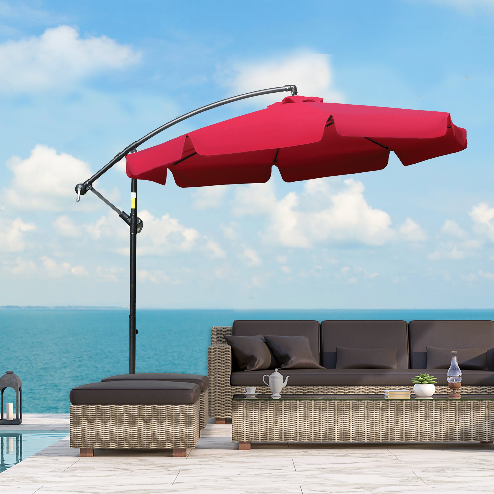 9FT Offset Hanging Patio Umbrella Cantilever Umbrella with Easy Tilt Adjustment, Cross Base and 8 Ribs for Backyard, Poolside, Lawn and Garden, Red
