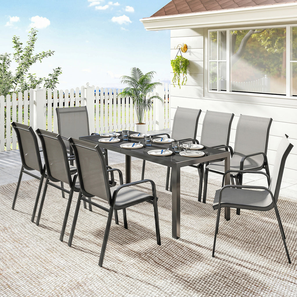9 Pieces Patio Set with Stackable Chairs, Patio Dining Set with Glass Top for Garden, Patio, Backyard, Light Grey