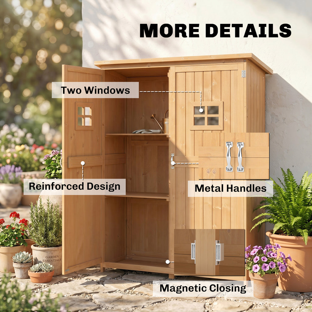 4x1.5ft Wooden Garden Storage Shed, Outdoor Tool Cabinet Organizer with Windows and Double Door, Nature Wood