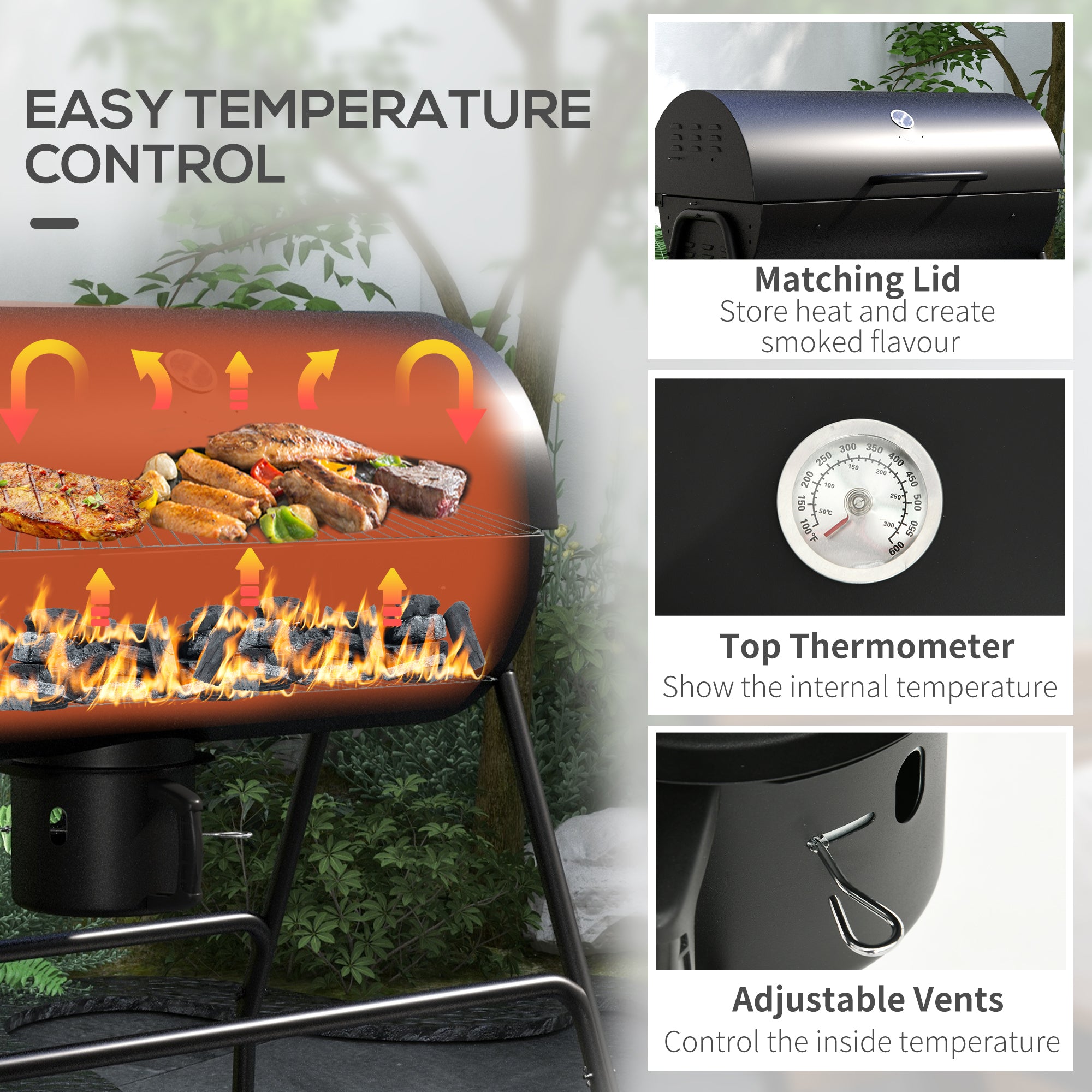 Barrel Charcoal BBQ Smoker, Barbecue with 420 sq.in. Cooking Area, Wheels, Ash Catcher, Black