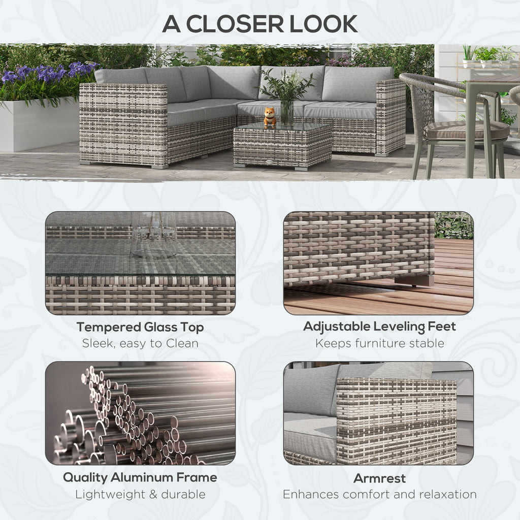 4 Pieces Rattan Wicker Outdoor Conversation Furniture Set w/ Corner Sofa Loveseats Coffee Table Cushions, Mixed Grey