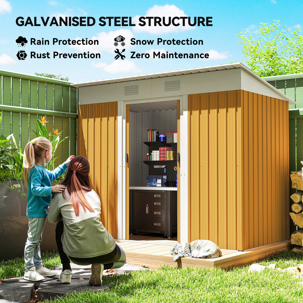 7' x 4' Outdoor Storage Shed, Metal Garden Tool Storage House Organizer with Lockable Sliding Doors and Vents for Backyard Patio Lawn, Yellow