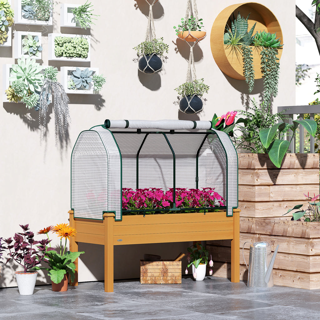 Raised Garden Bed with PE Greenhouse Cover Outdoor Elevated Wood Planter Box for Herbs and Vegetables Sand