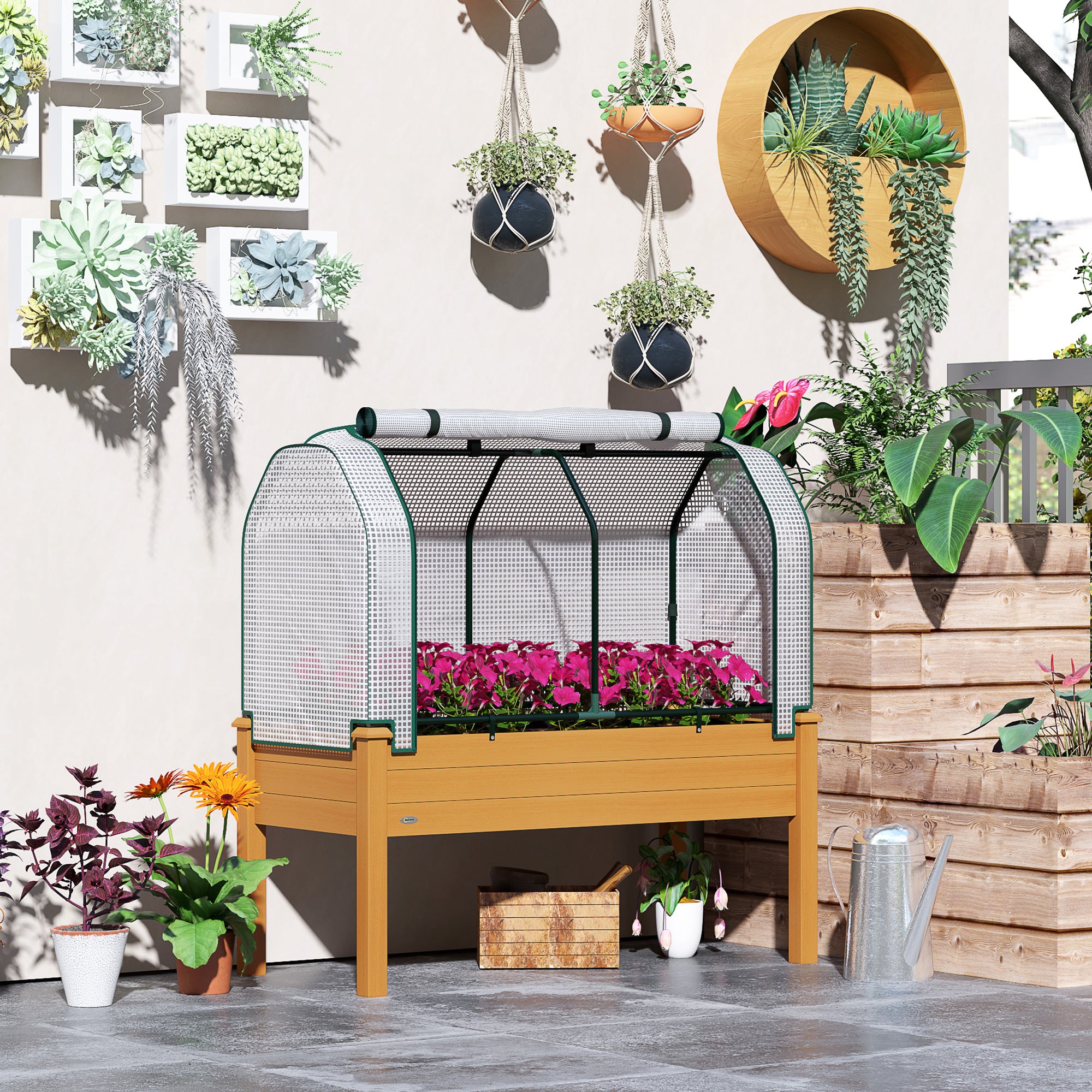 Raised Garden Bed with PE Greenhouse Cover Outdoor Elevated Wood Planter Box for Herbs and Vegetables Sand