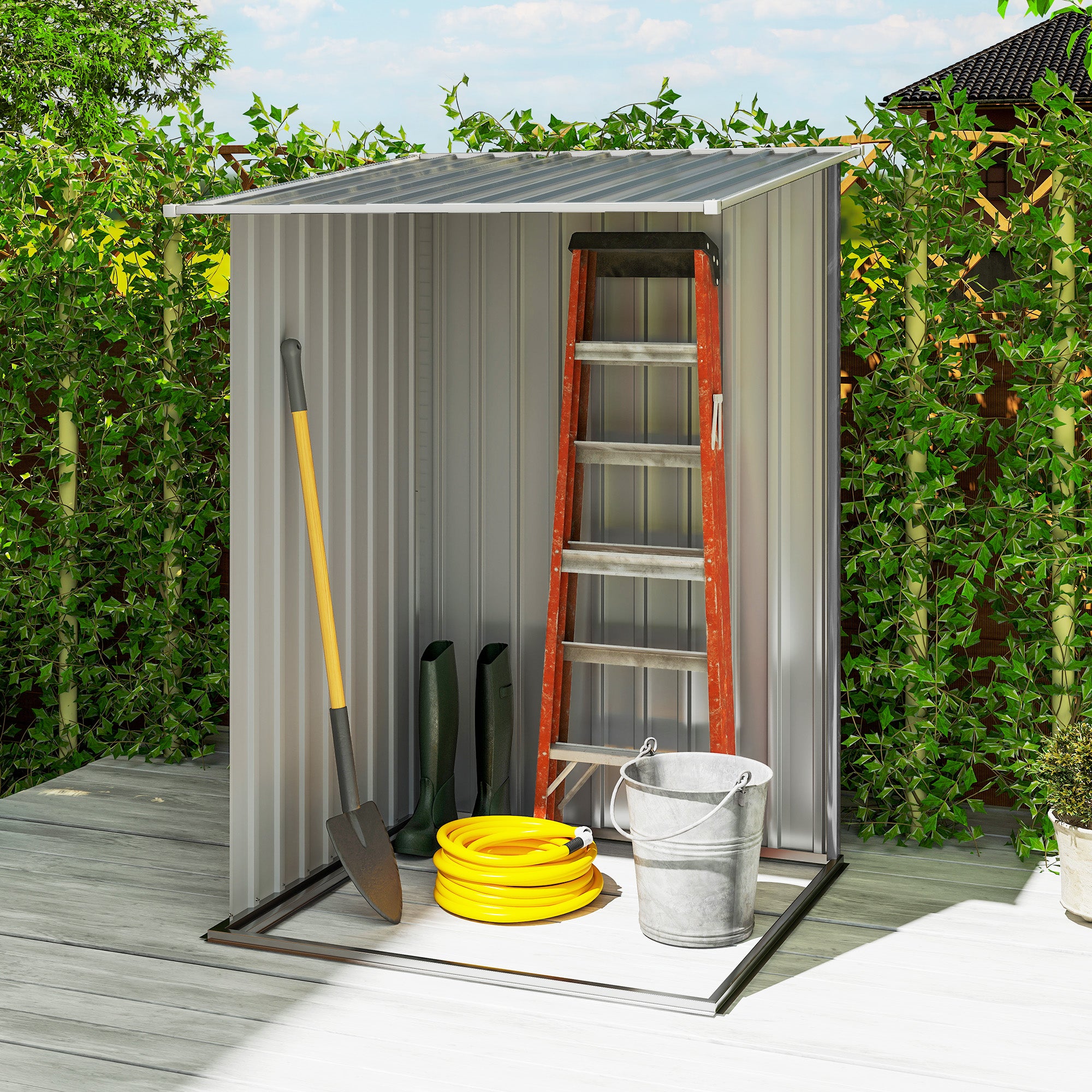 3.3' x 3.4' Lean-to Garden Storage Shed, Outdoor Galvanized Steel Tool House with Lockable Door for Patio Grey
