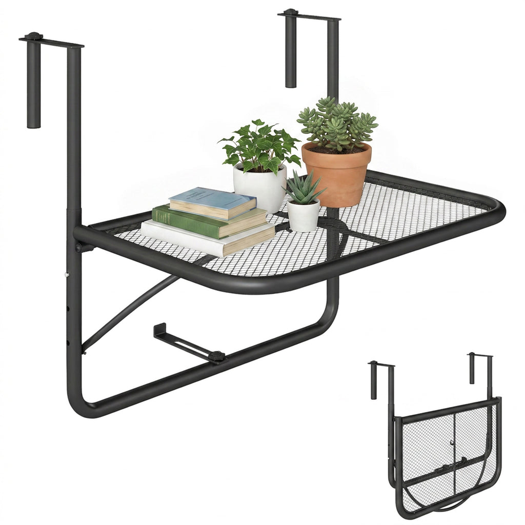 Adjustable Balcony Hanging Railing Table, Metal Mounting Mini Wall Desk Storage Rack, Outdoor Flower Stand Serving Table Rectangle, Black