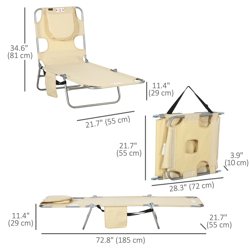 Folding Outdoor Lounge Chair, 5-Level Tanning Chair with Face Hole, Side Pocket, Carry Strap for Beach Pool, Beige
