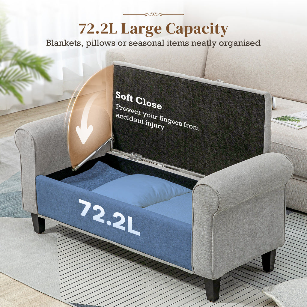 50 Inches Storage Ottoman, Upholstered Bedroom Bench with Rolled Arms and Button Tufted Storage, Light Grey