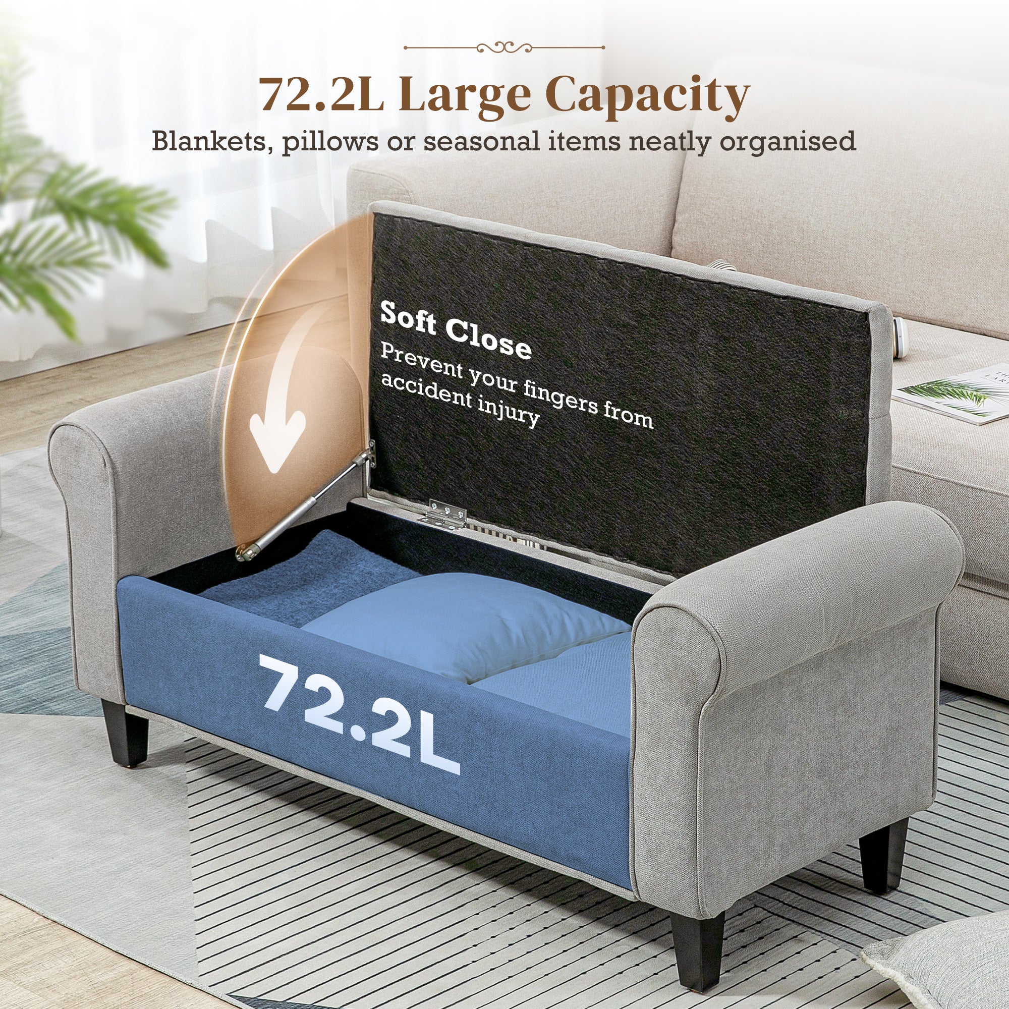 50 Inches Storage Ottoman, Upholstered Bedroom Bench with Rolled Arms and Button Tufted Storage, Light Grey