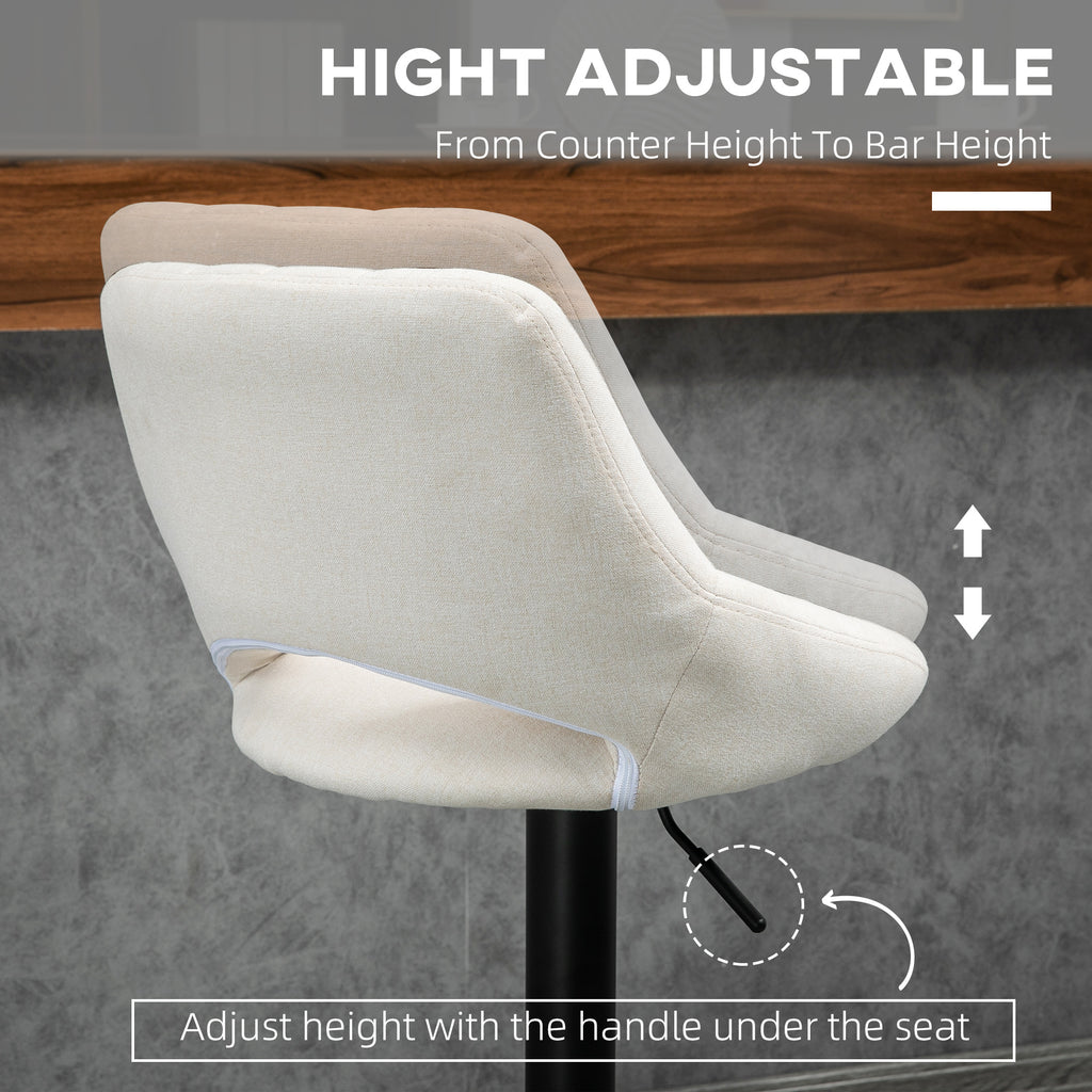 Bar Stools Set of 2, Swivel Counter Height Barstools with Adjustable Height, Linen Upholstered Bar Chairs with Round Metal Base and Footrest, Cream