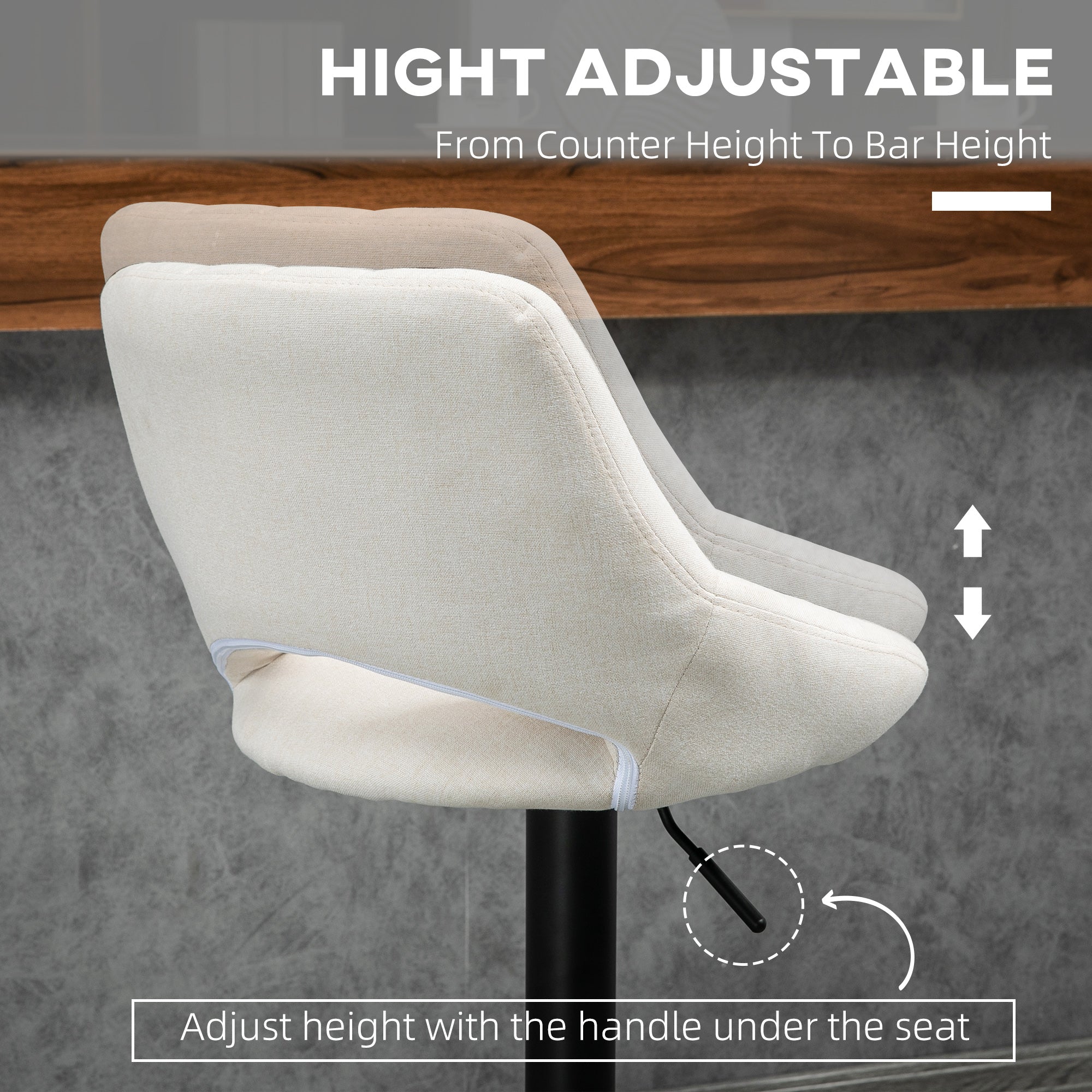 Bar Stools Set of 2, Swivel Counter Height Barstools with Adjustable Height, Linen Upholstered Bar Chairs with Round Metal Base and Footrest, Cream